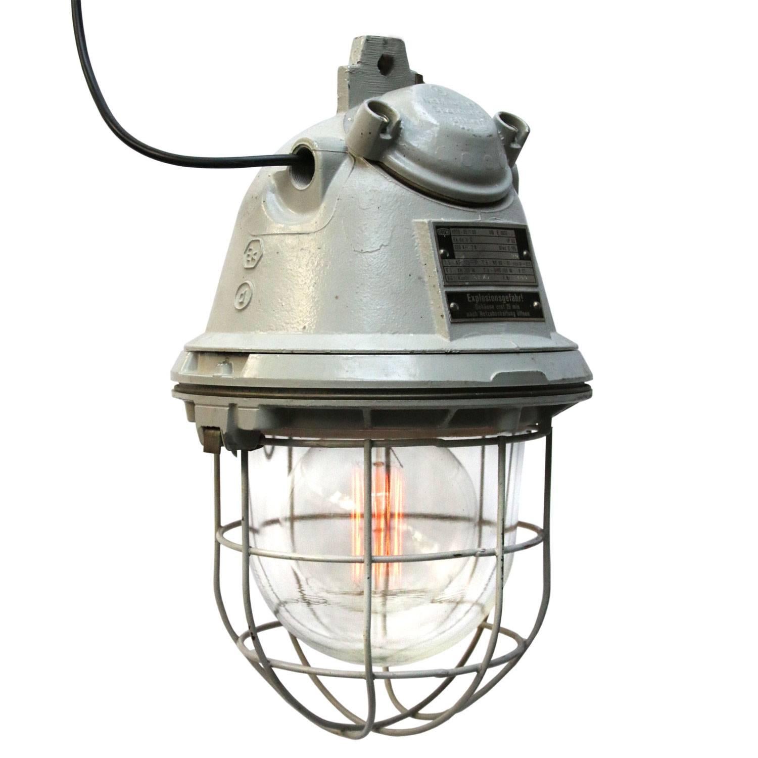 Gray Cast Aluminum Vintage European Industrial Clear Glass Cage Lights (2x) In Good Condition In Amsterdam, NL