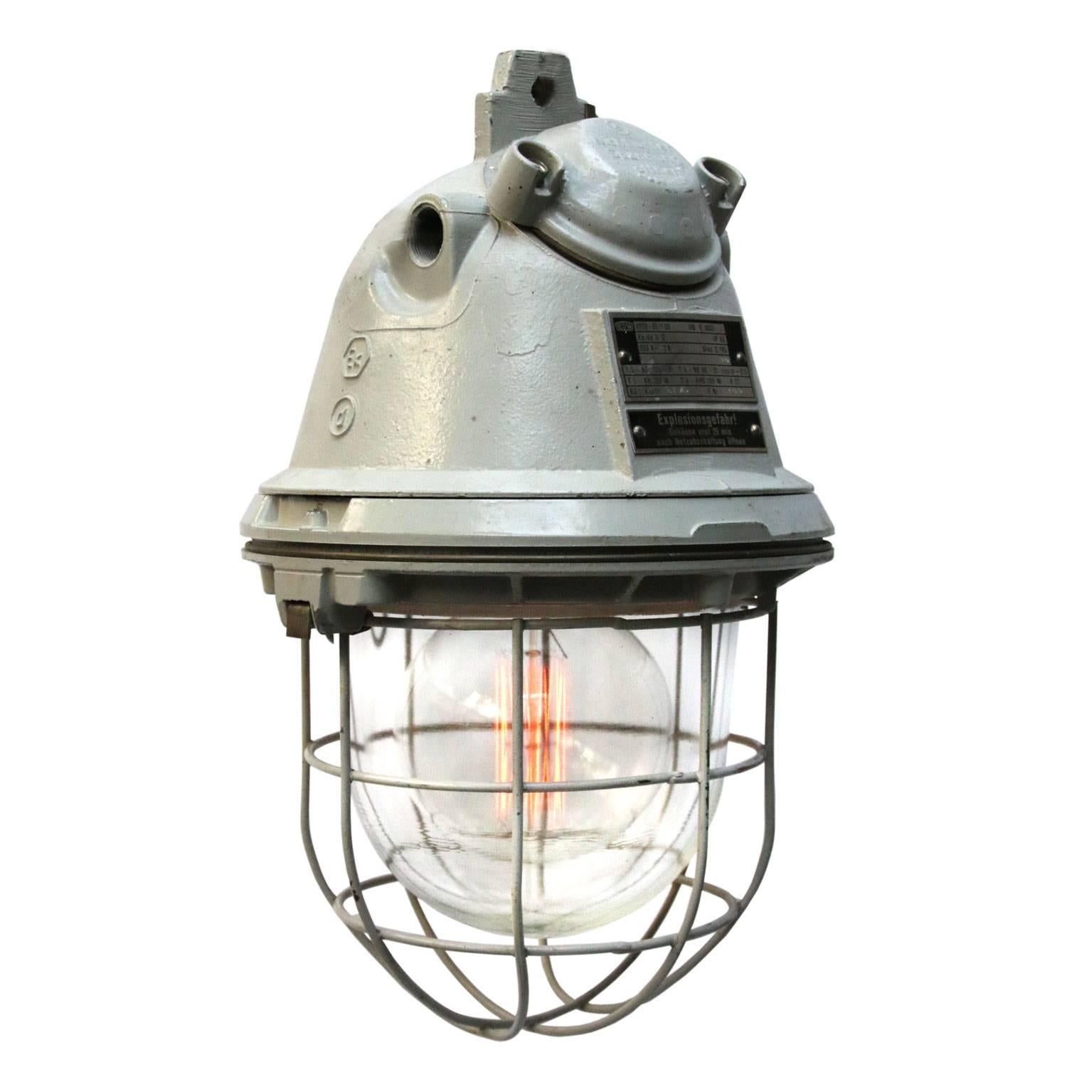 Gray Cast Aluminum Vintage European Industrial Clear Glass Cage Lights (2x)