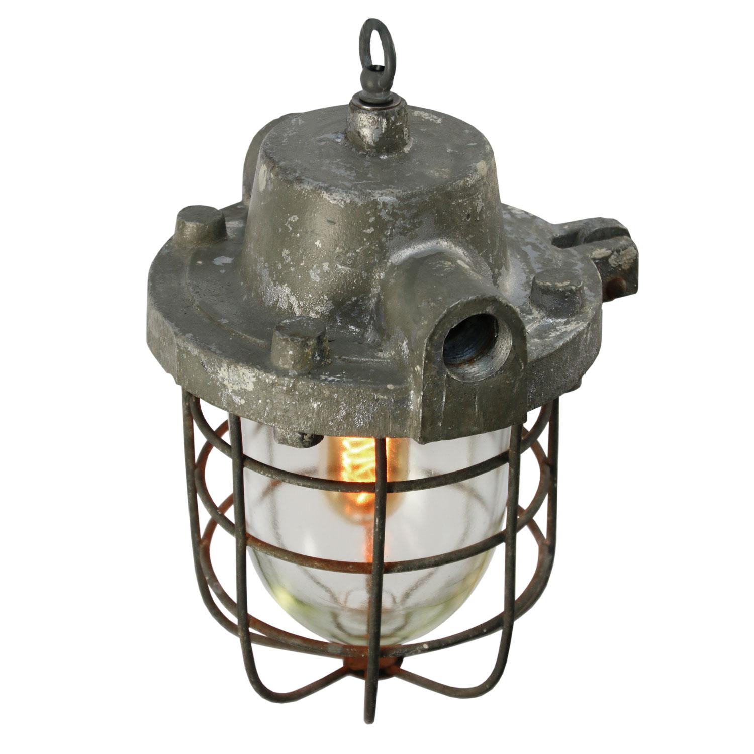 Vintage European industrial pendant
Cast aluminum top, clear glass

Weight: 4.81 kg / 10.6 lb

Priced individual item. All lamps have been made suitable by international standards for incandescent light bulbs, energy-efficient and LED bulbs.