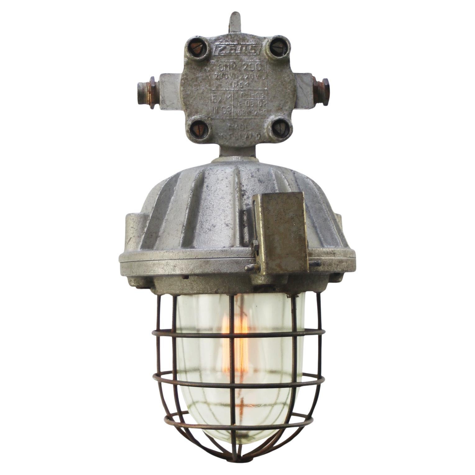 Gray Cast Aluminum Vintage Industrial Clear Glass Pendant Light For Sale