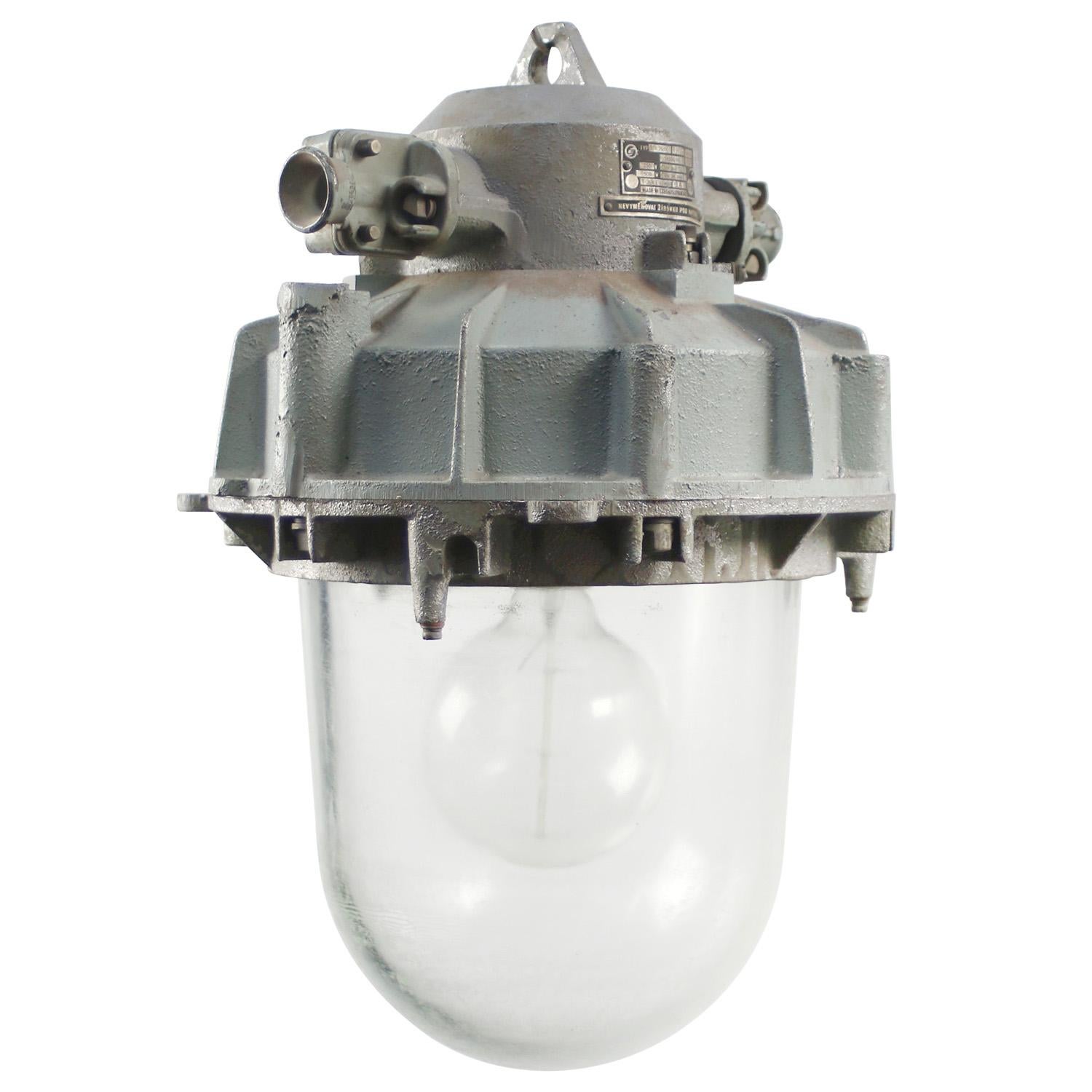 Gray Cast Aluminum Vintage Industrial Clear Glass Pendant Lights In Good Condition For Sale In Amsterdam, NL