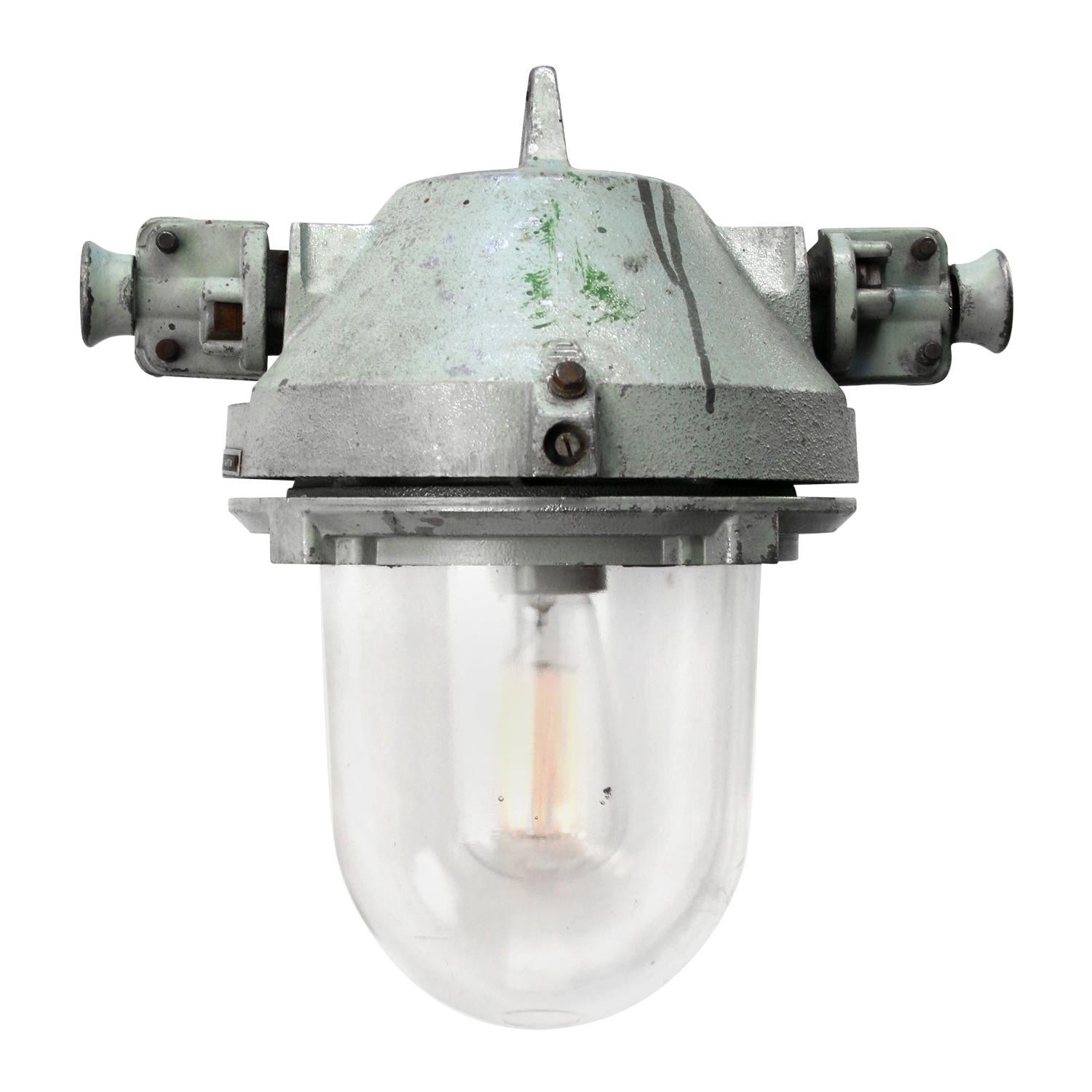 Gray Cast Iron Vintage Industrial Clear Glass Hanging Lamp For Sale