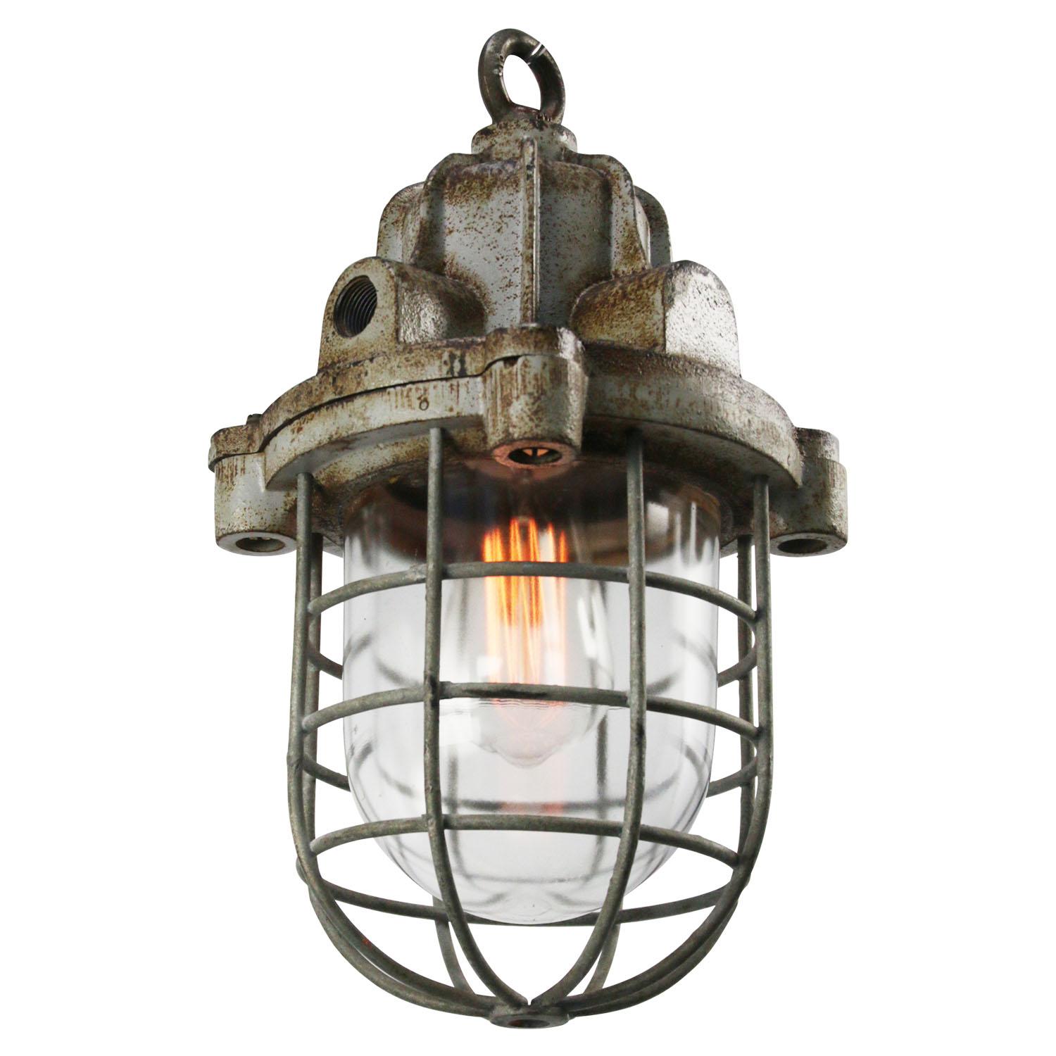 Dutch Gray Cast Iron Vintage Industrial Clear Glass Pendant Lamp For Sale
