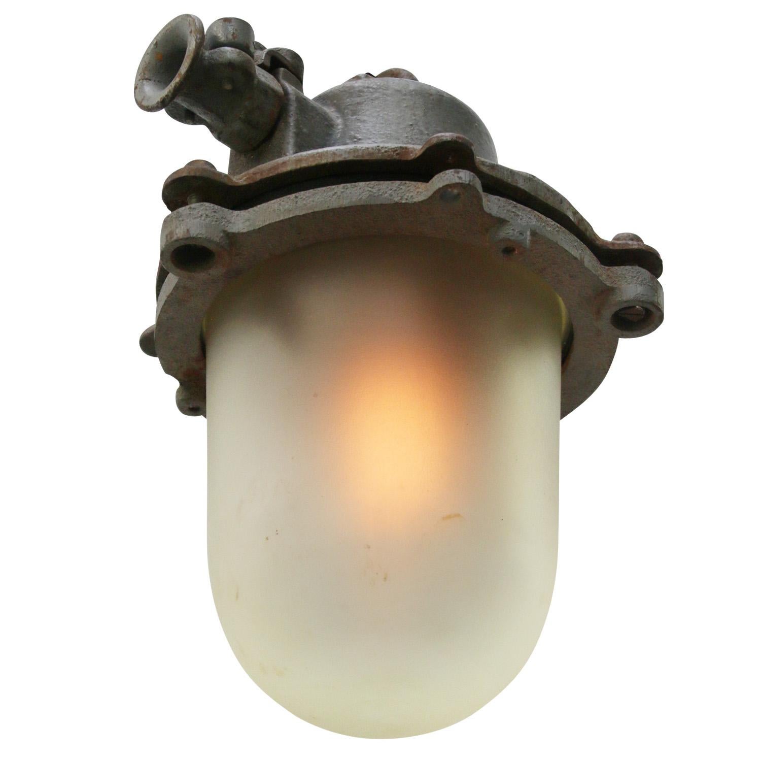 Czech Gray Cast Iron Vintage Industrial Frosted Glass Pendant Lamp For Sale