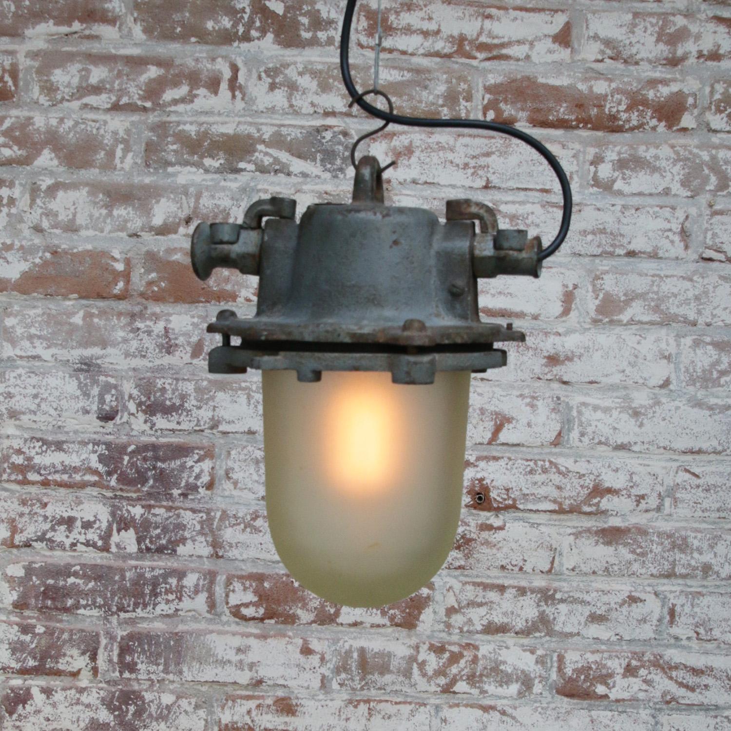 20th Century Gray Cast Iron Vintage Industrial Frosted Glass Pendant Lamp For Sale