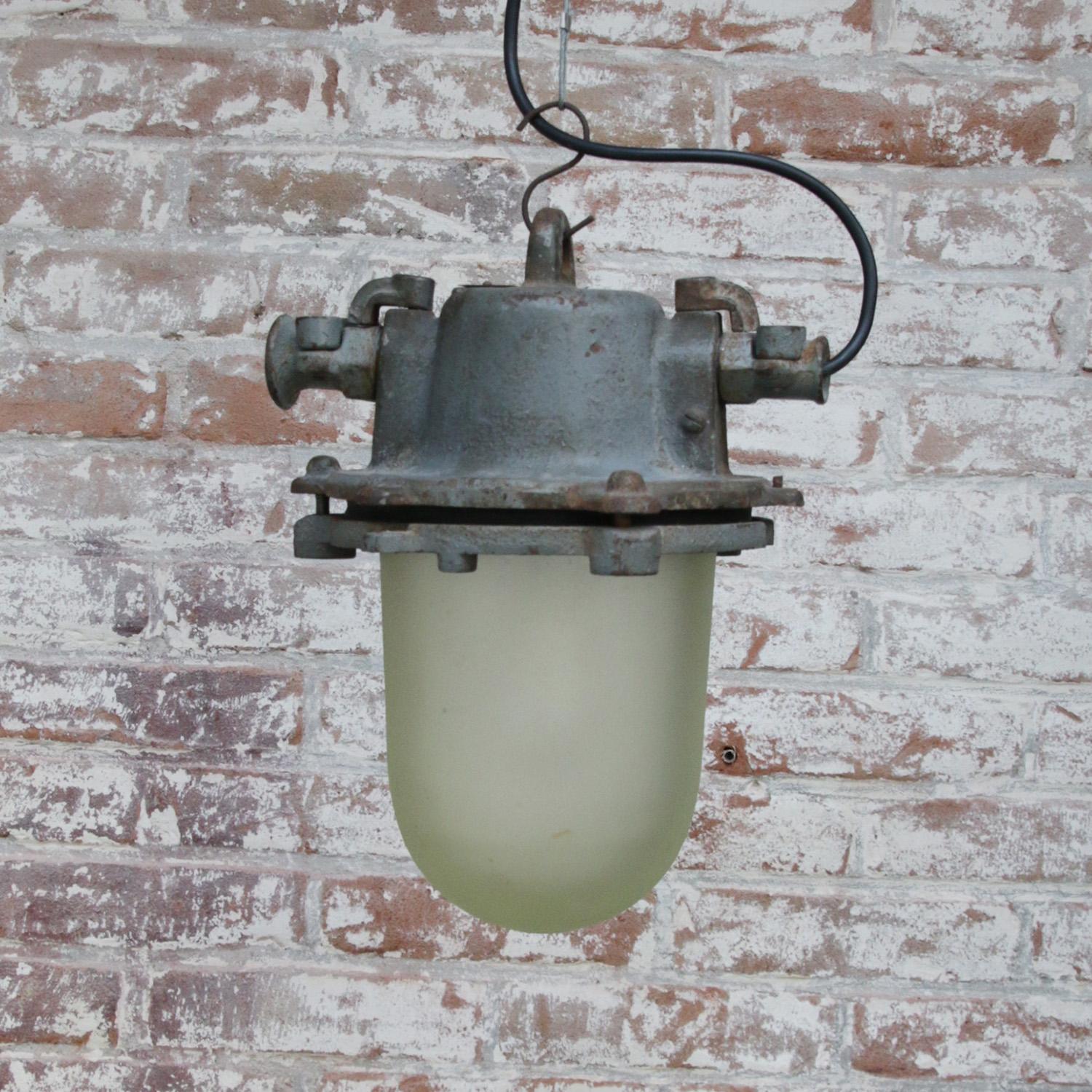 Gray Cast Iron Vintage Industrial Frosted Glass Pendant Lamp For Sale 1