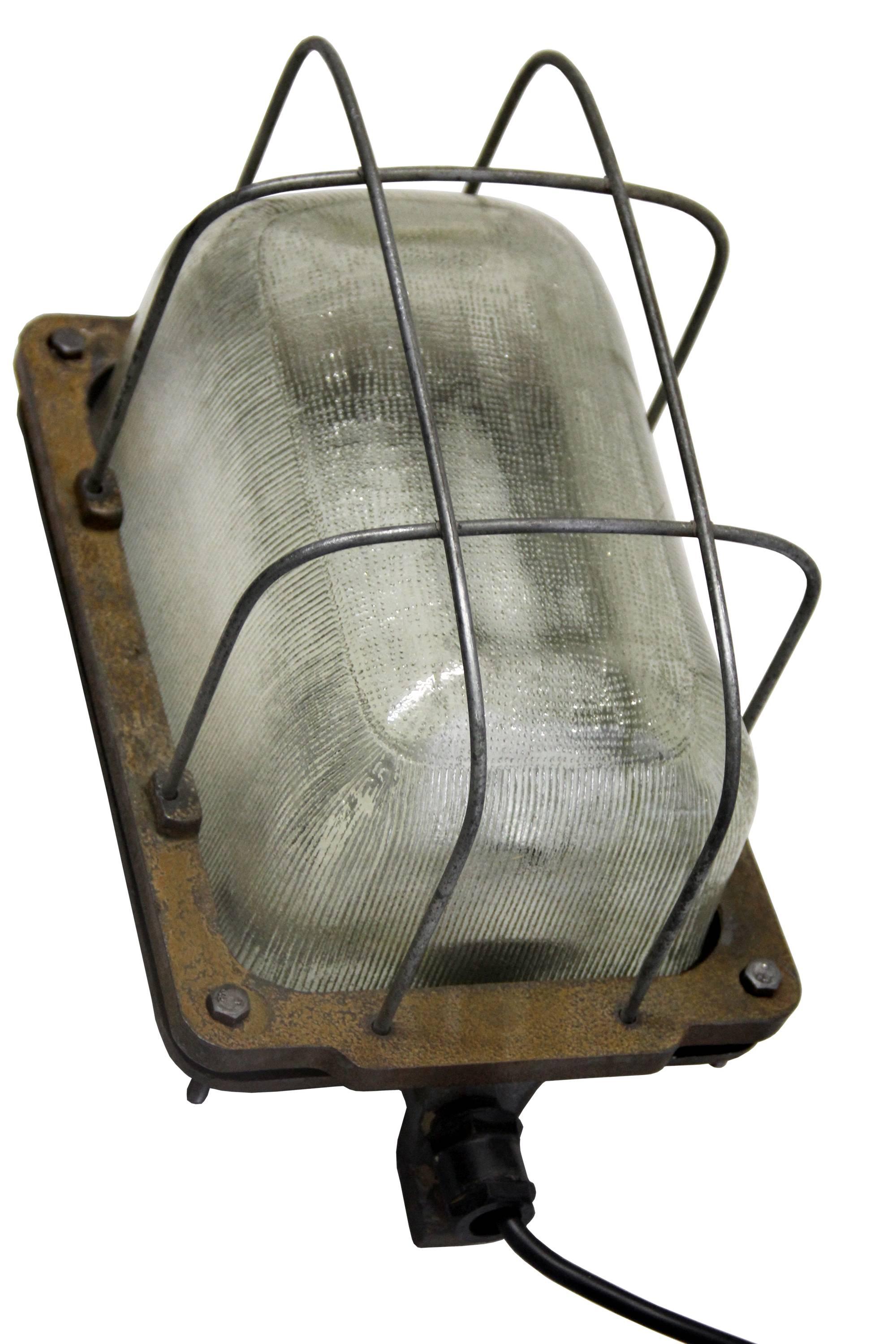 Polish Gray Cast Iron Vintage Industrial Holophane Glass Wall Lamp Scone For Sale