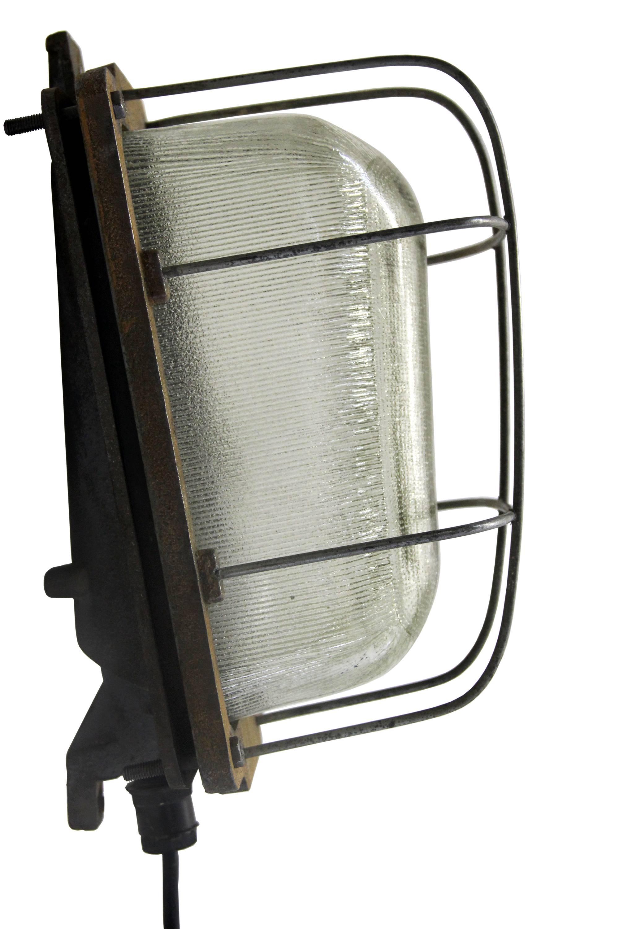 Polacco Gray Cast Iron Vintage Industrial Holophane Glass Wall Lamp Sconce in vendita
