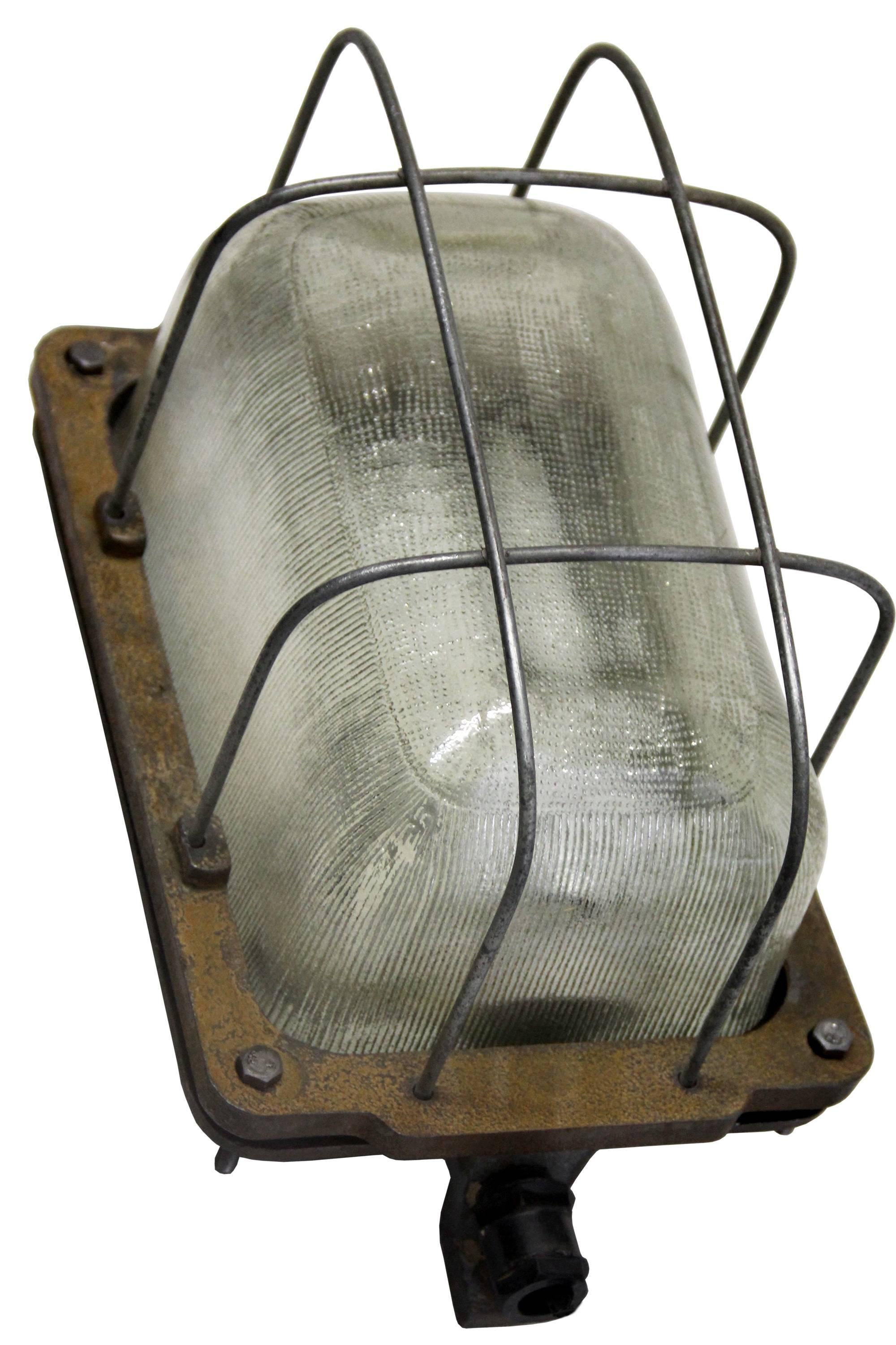 20th Century Gray Cast Iron Vintage Industrial Holophane Glass Wall Lamp Scone For Sale