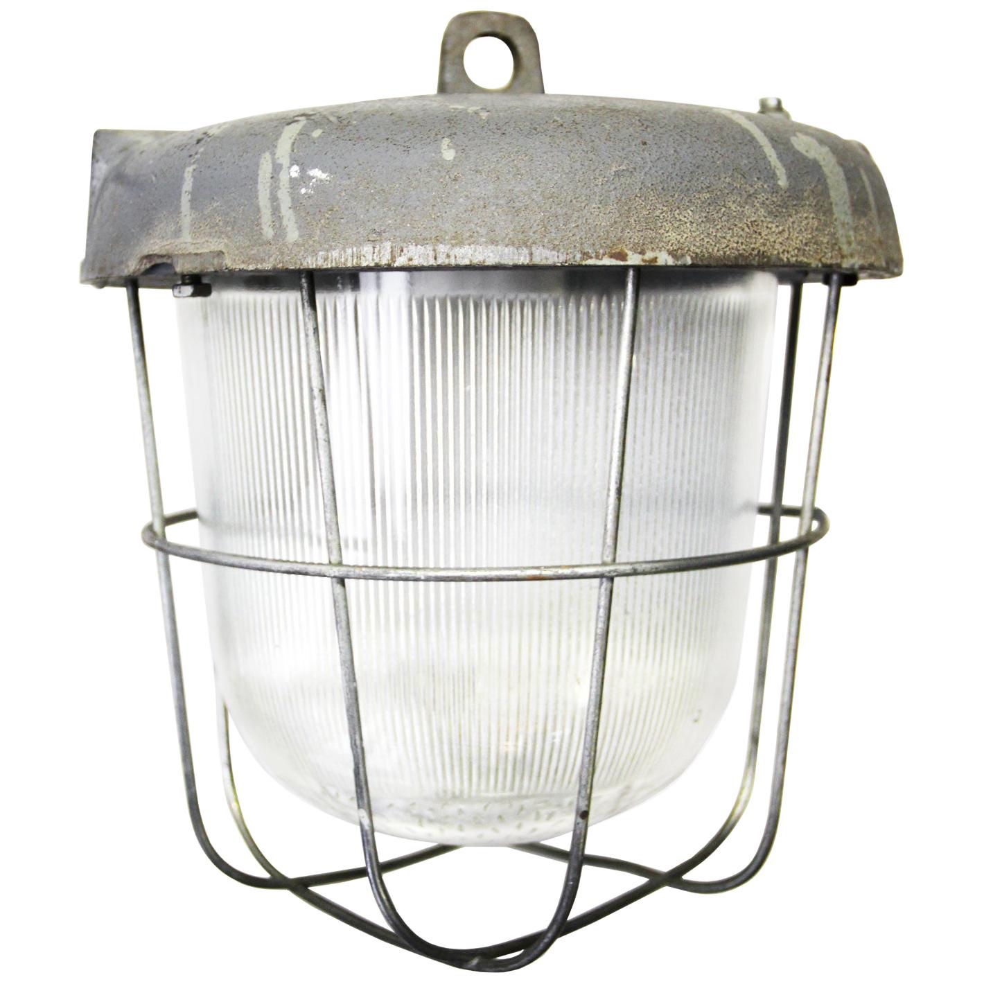 Gray Cast Iron Vintage Industrial Striped Holophane Glass Hanging Lamp