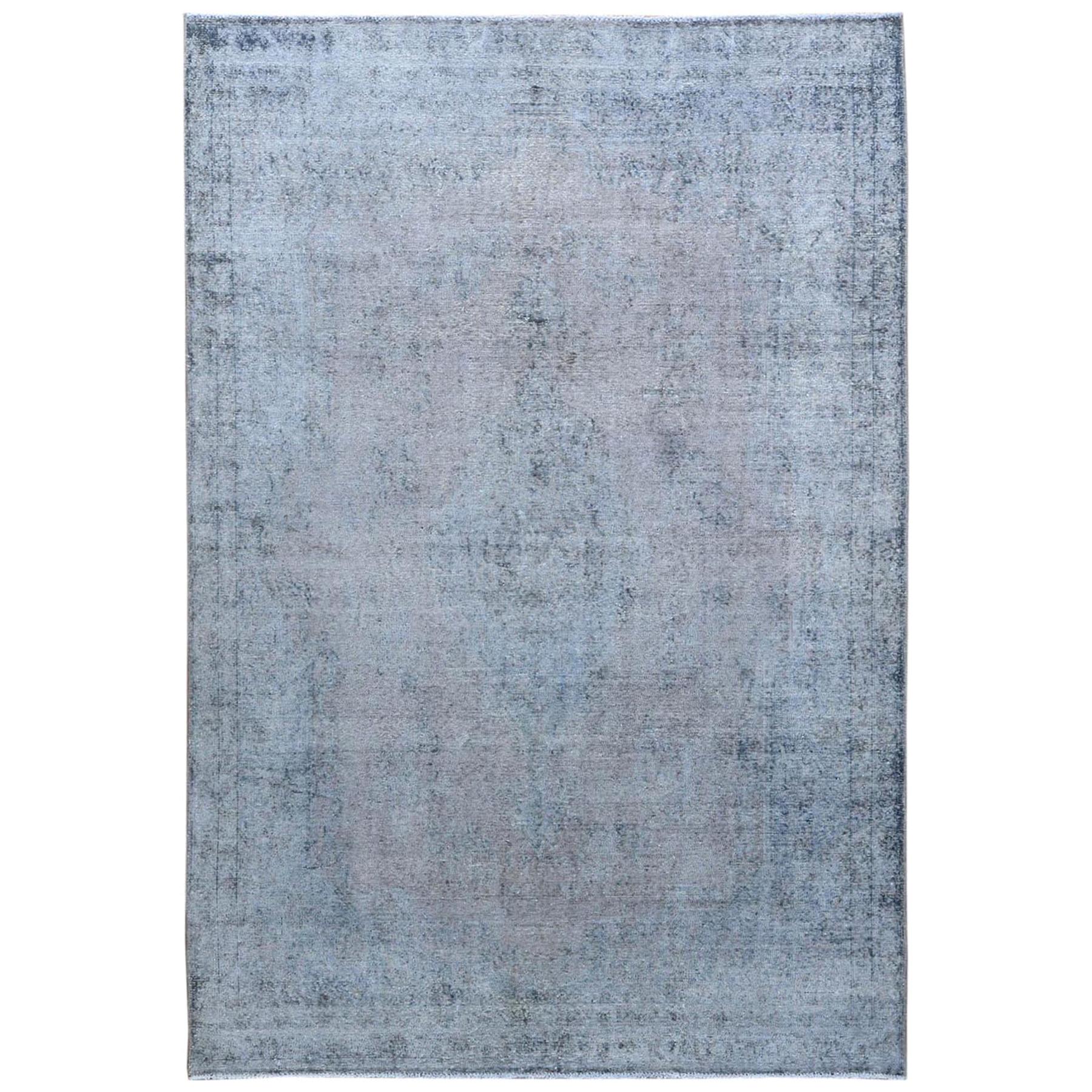 Semi Antique Blue Cast Sheared Low Persian Kerman Oriental Rug For Sale