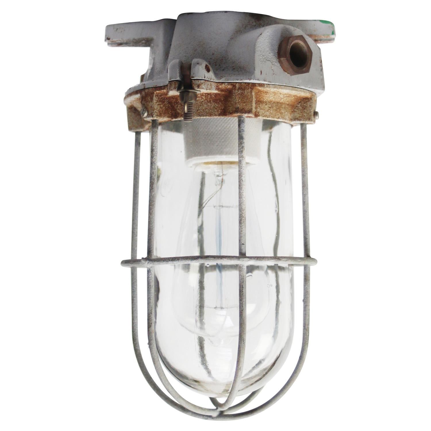 Early 20th Century Gray Cast Vintage Industrial Clear Glass Flush Mount by Industria Rotterdam For Sale