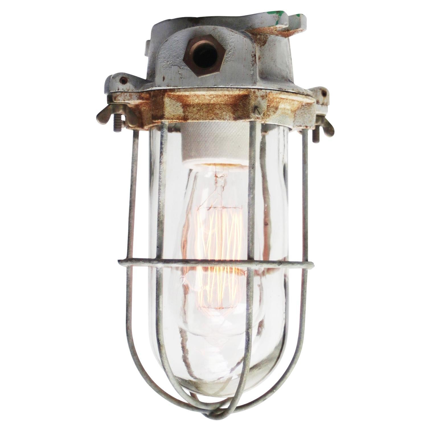 Gray Cast Vintage Industrial Clear Glass Flush Mount by Industria Rotterdam For Sale