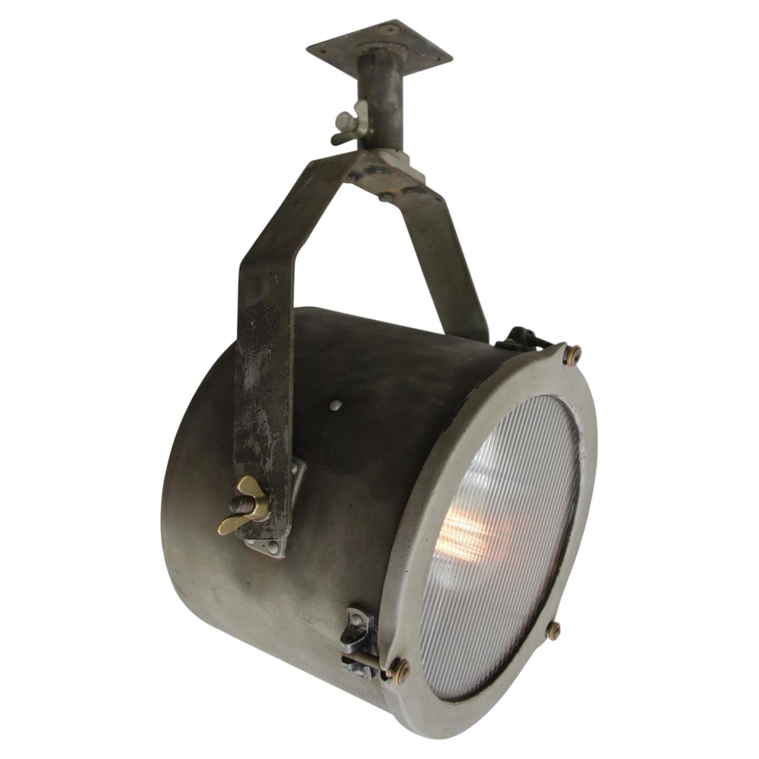 Gray Cast Vintage Industrial Clear Reeded Glass Ceiling Spotlight