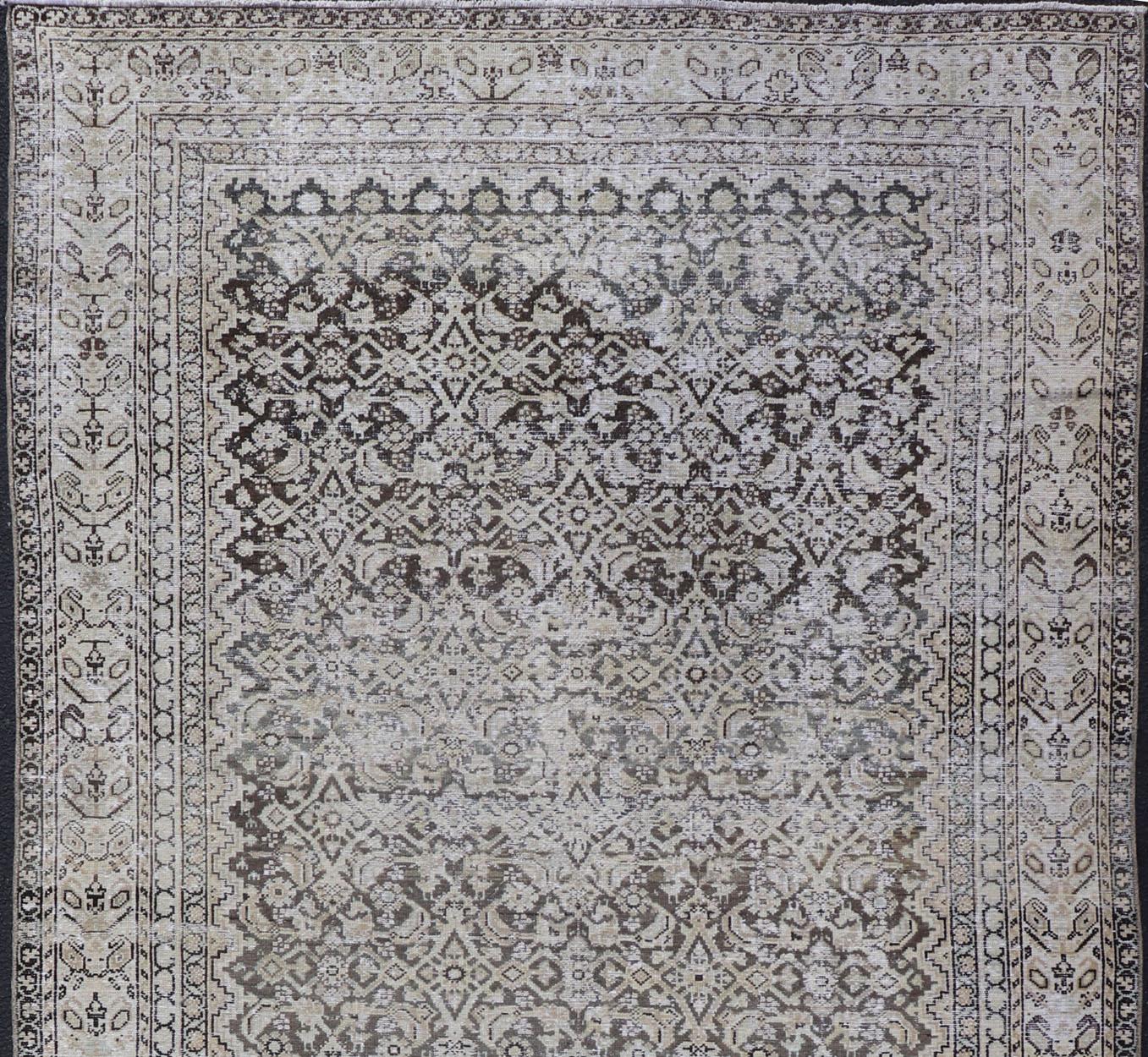 Gray & Charcoal Antique Persian Malayer Gallery Rug with All-Over Herati Design In Distressed Condition For Sale In Atlanta, GA