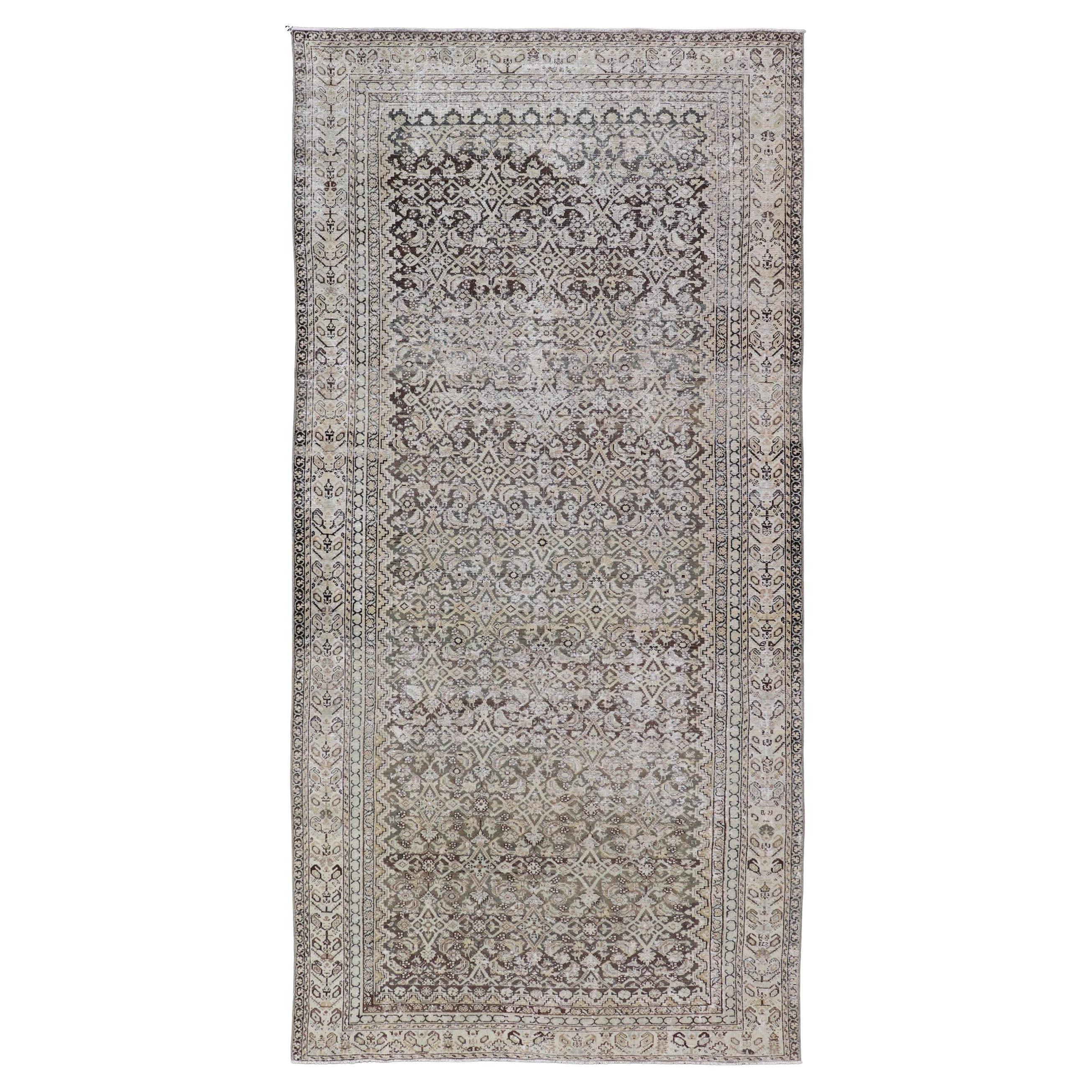 Alfombra Persa Antigua de Galería Malayer Gris y Carbón con Diseño Herati Integral
