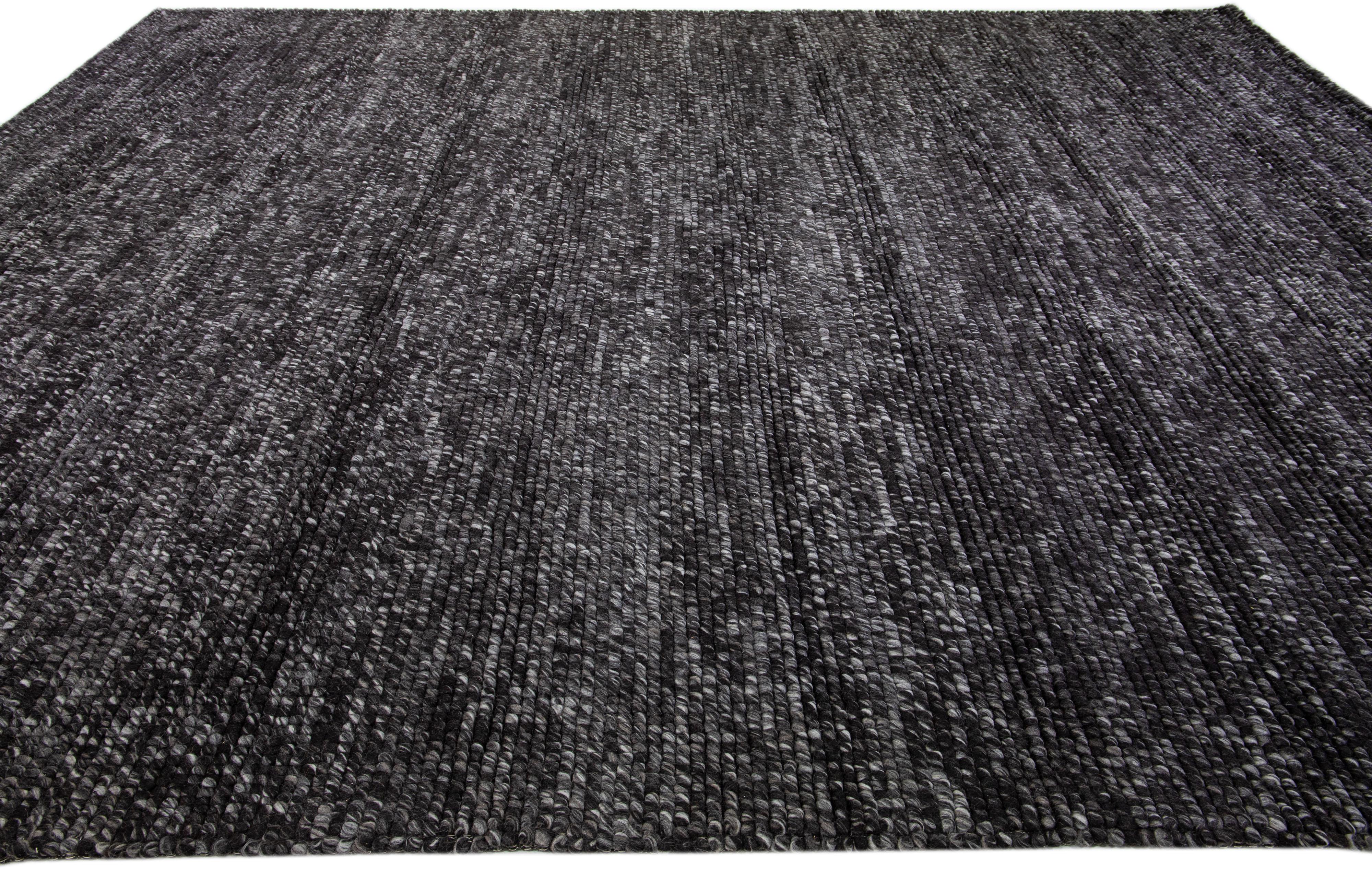 Indian Gray-Charcoal Color Modern Felted Textuted Wool Rug by Apadana For Sale