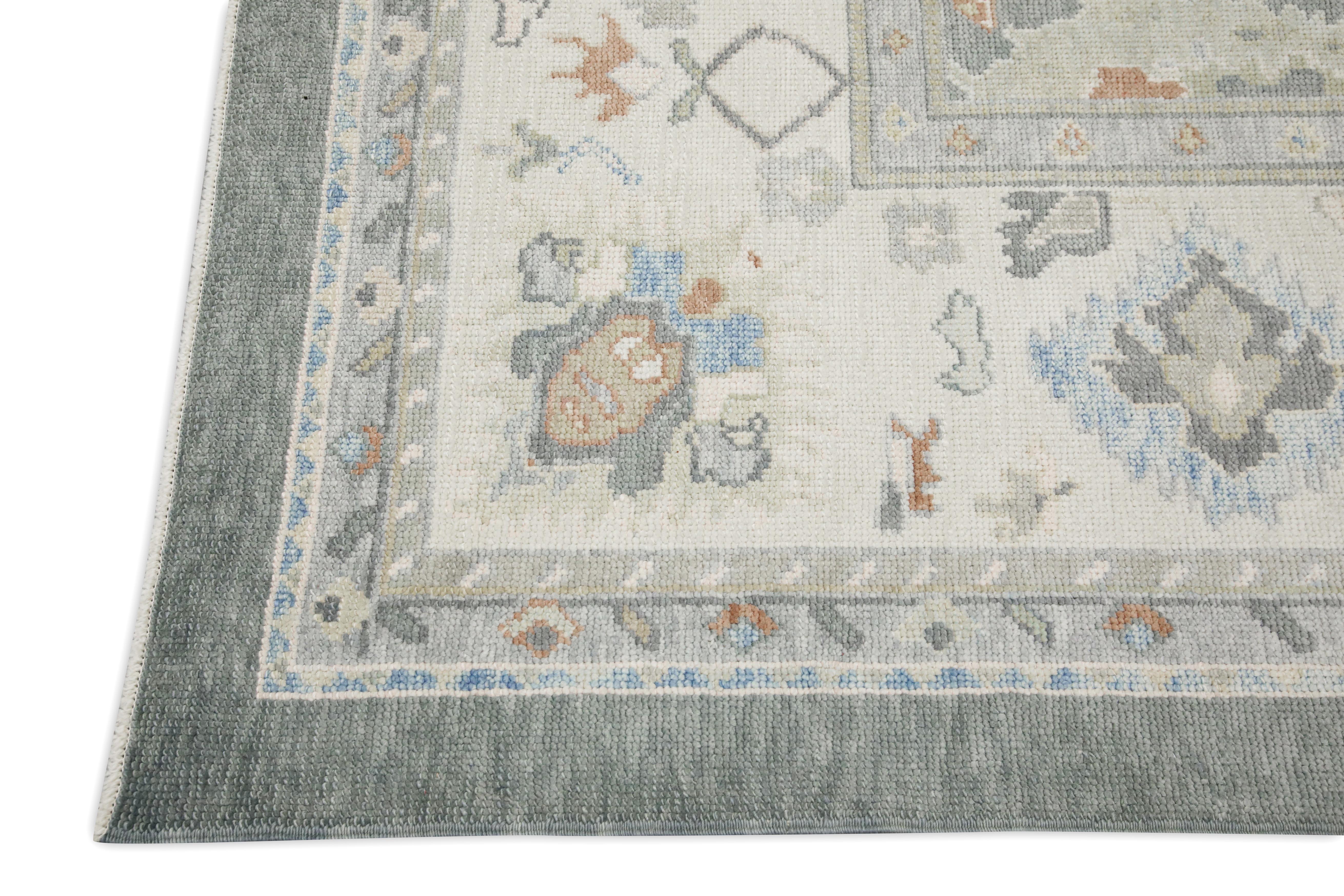 Vegetable Dyed Gray Colorful Floral Design Handwoven Wool Turkish Oushak Rug 8'11
