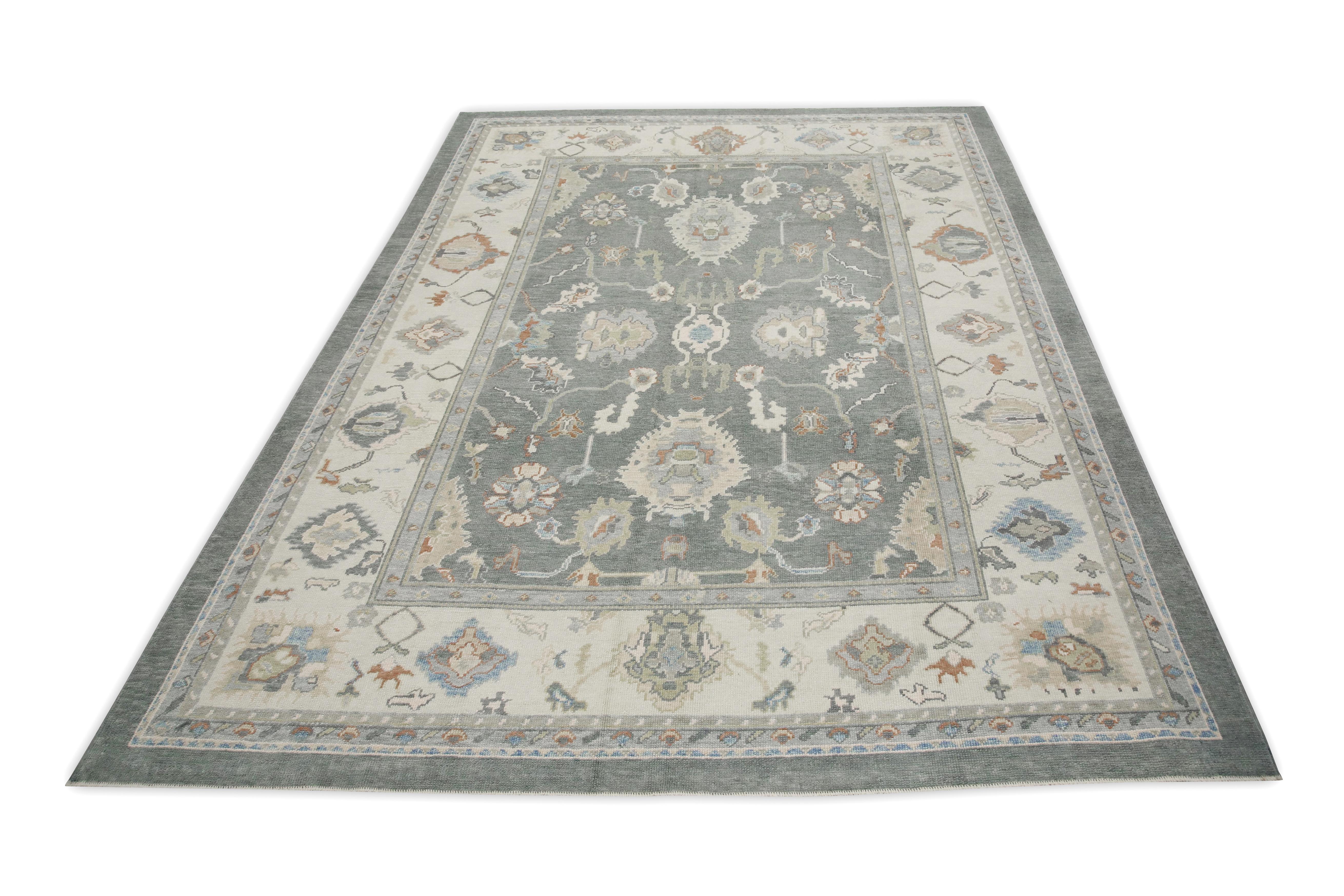 Gray Colorful Floral Design Handwoven Wool Turkish Oushak Rug 8'11