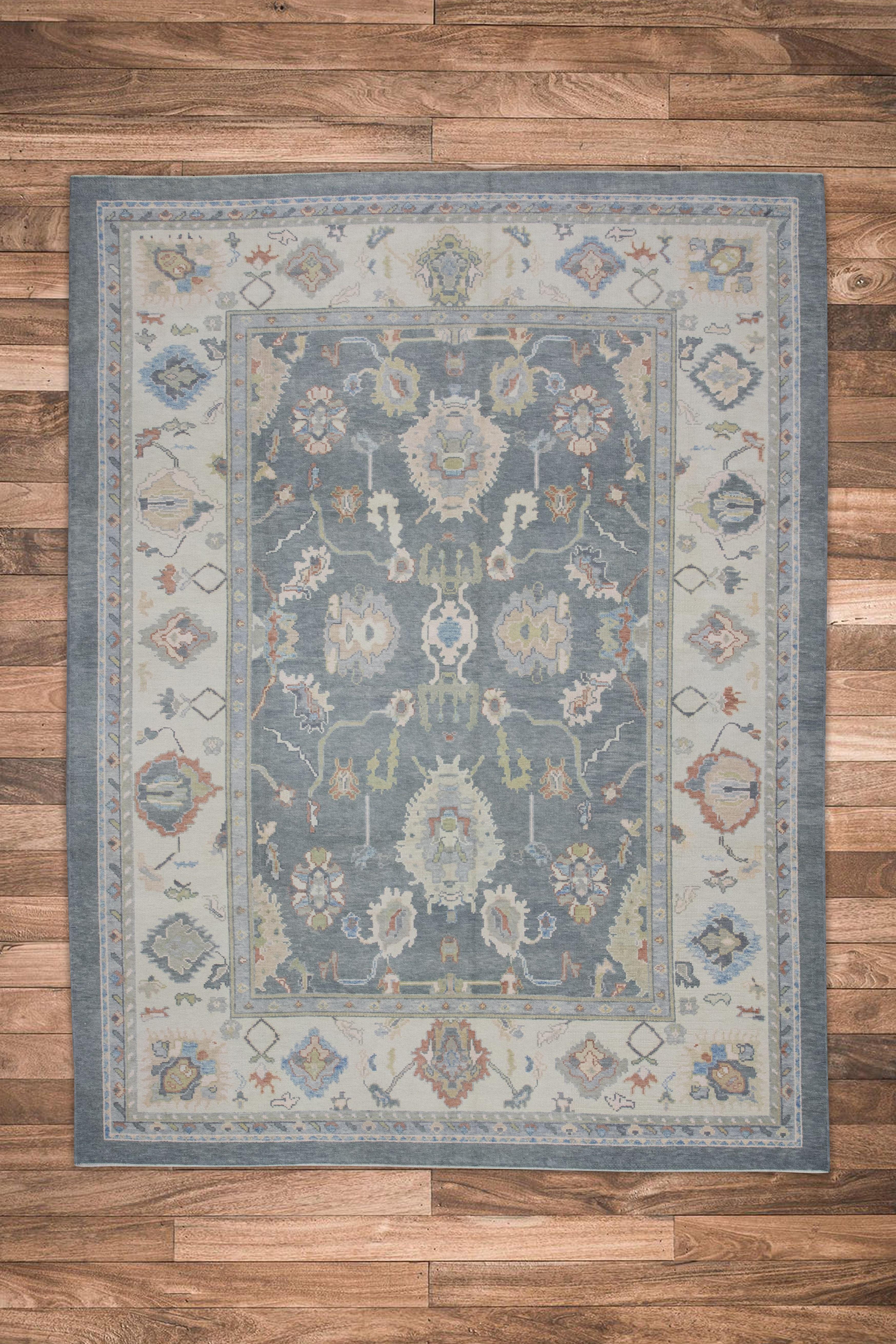 Gray Colorful Floral Design Handwoven Wool Turkish Oushak Rug 8'11