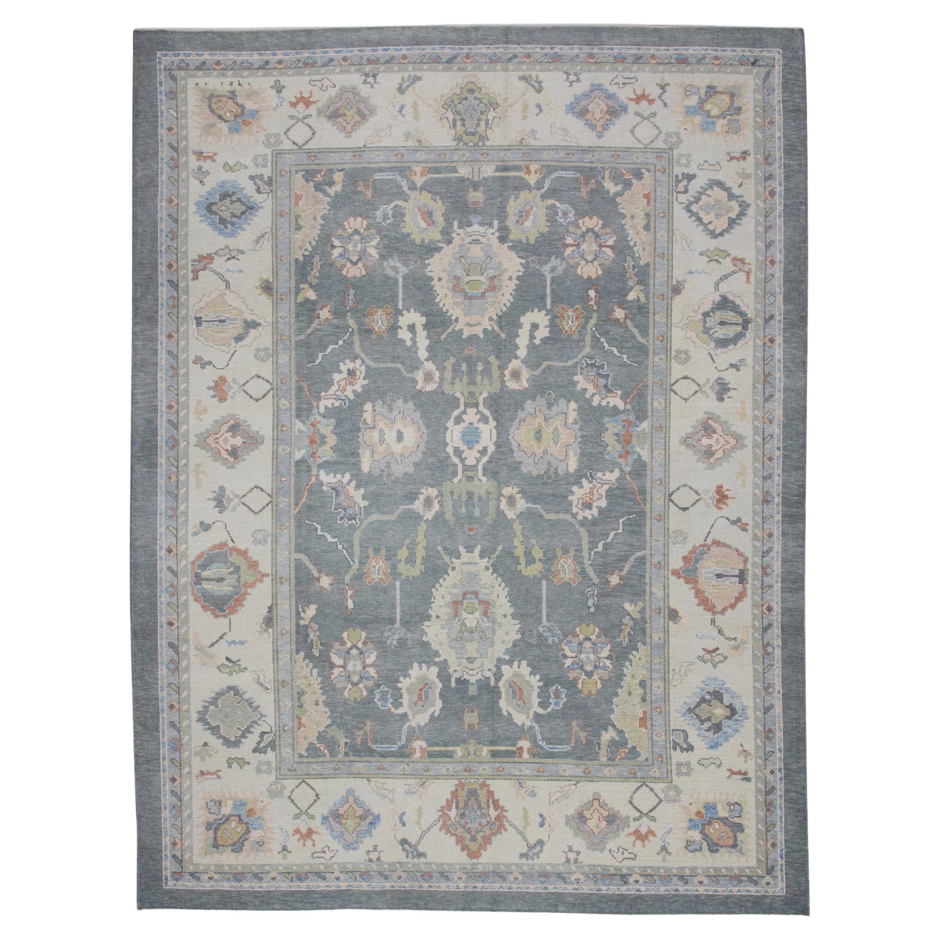 Gray Colorful Floral Design Handwoven Wool Turkish Oushak Rug 8'11" X 11'8"