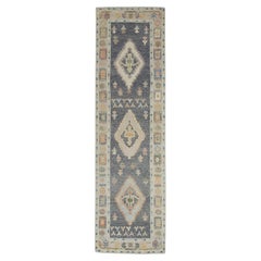 Grey Colorful Geometric Design Handwoven Wool Turkish Oushak Runner
