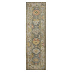 Tapis de couloir turc Oushak gris à motifs géométriques colorés en laine tissée à la main 3'1" x 10'6"