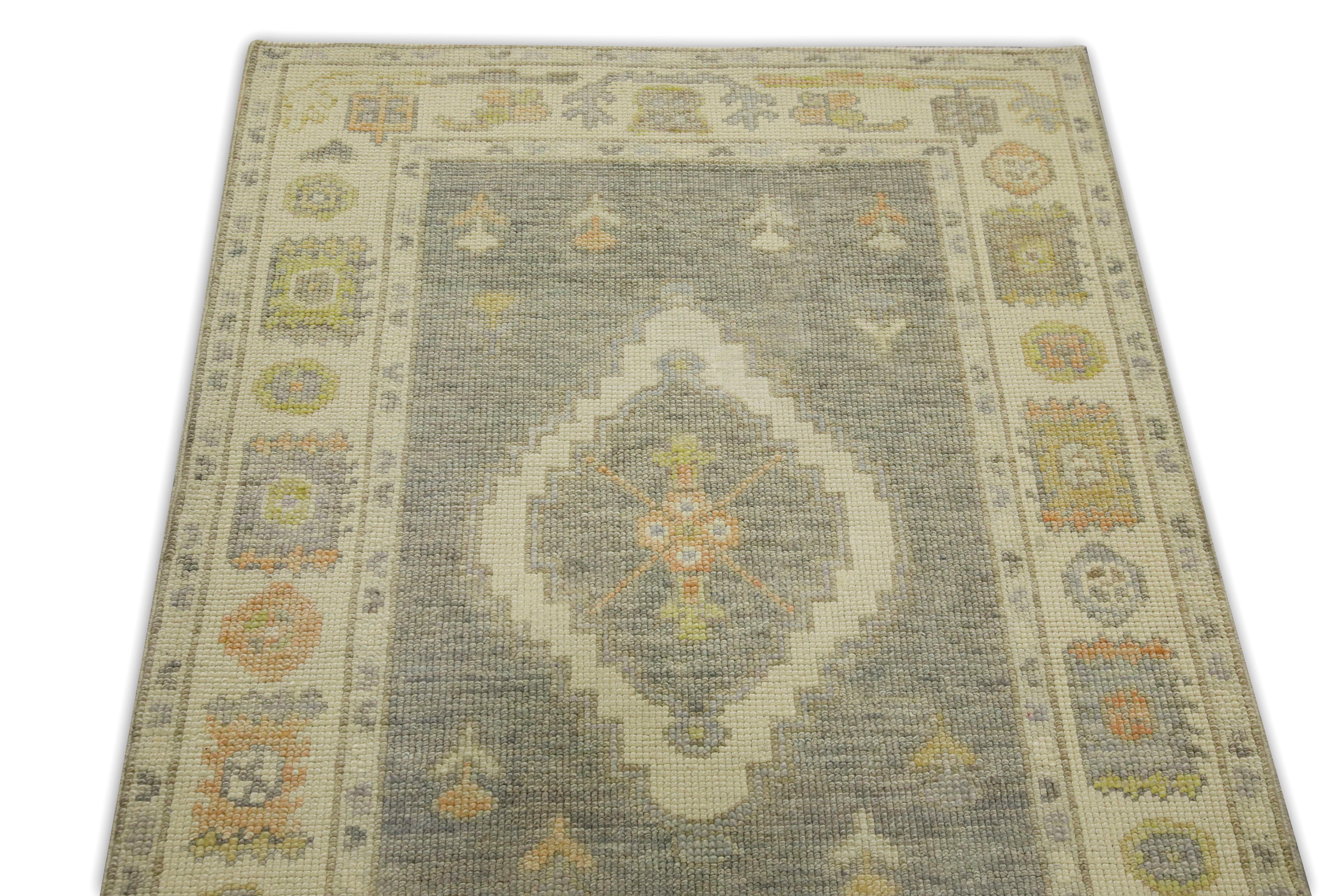 Grey Colorful Geometric Design Handwoven Wool Turkish Oushak Runner In New Condition For Sale In Houston, TX