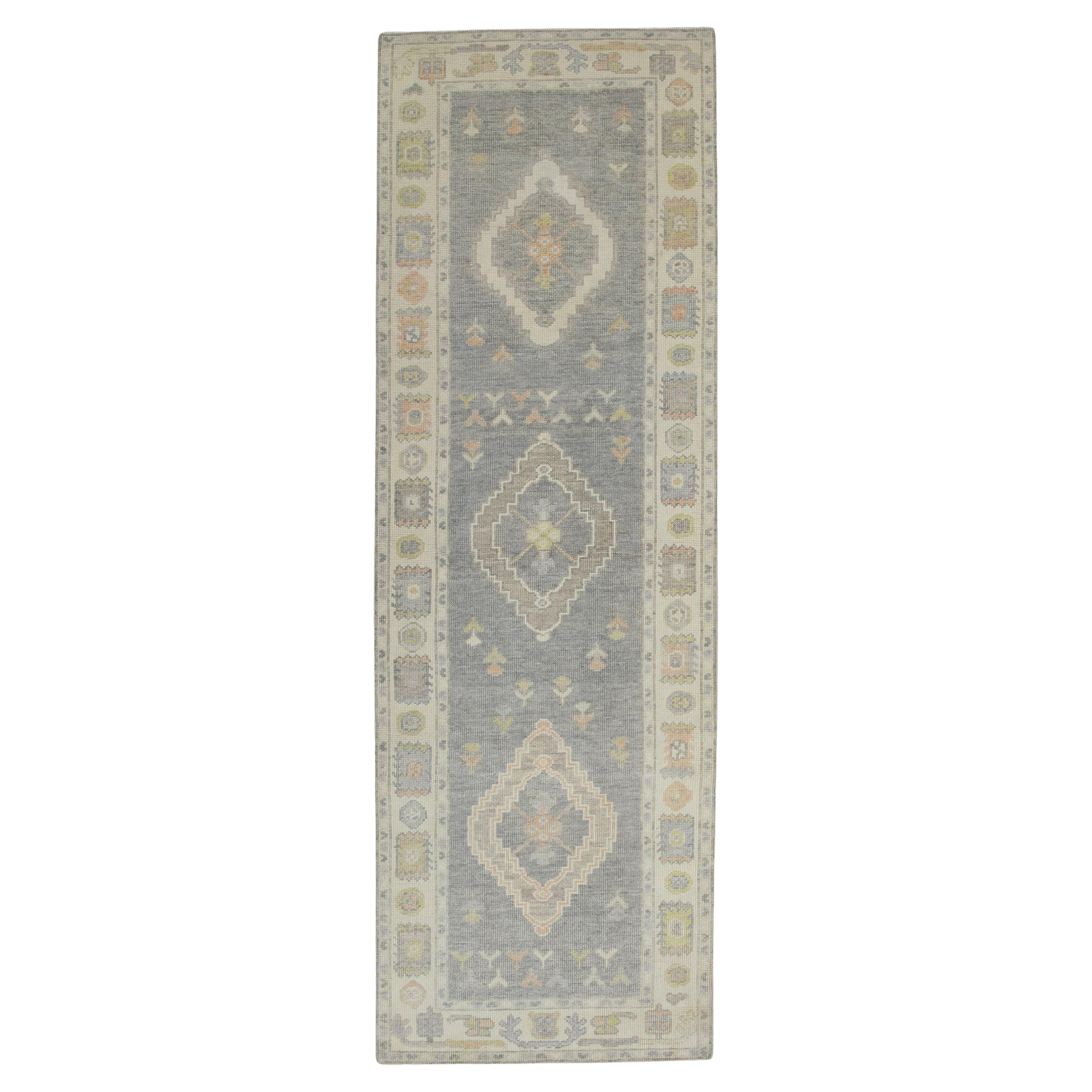 Grey Colorful Geometric Design Handwoven Wool Turkish Oushak Runner For Sale