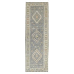 Tapis de couloir turc Oushak gris à motifs géométriques colorés en laine tissée à la main 3'1" x 9'10"