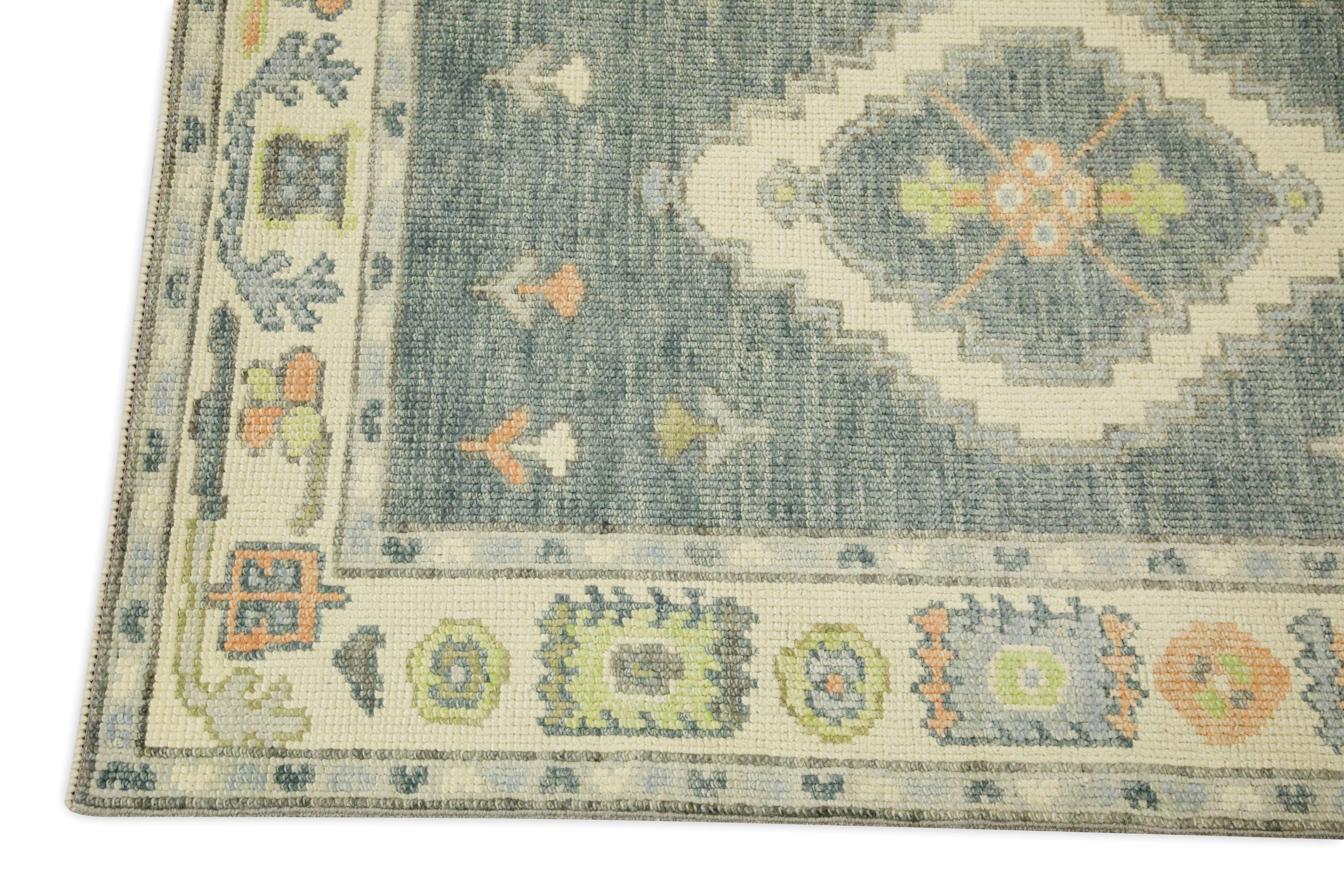 Vegetable Dyed Grey Colorful Geometric Design Handwoven Wool Turkish Oushak Runner For Sale