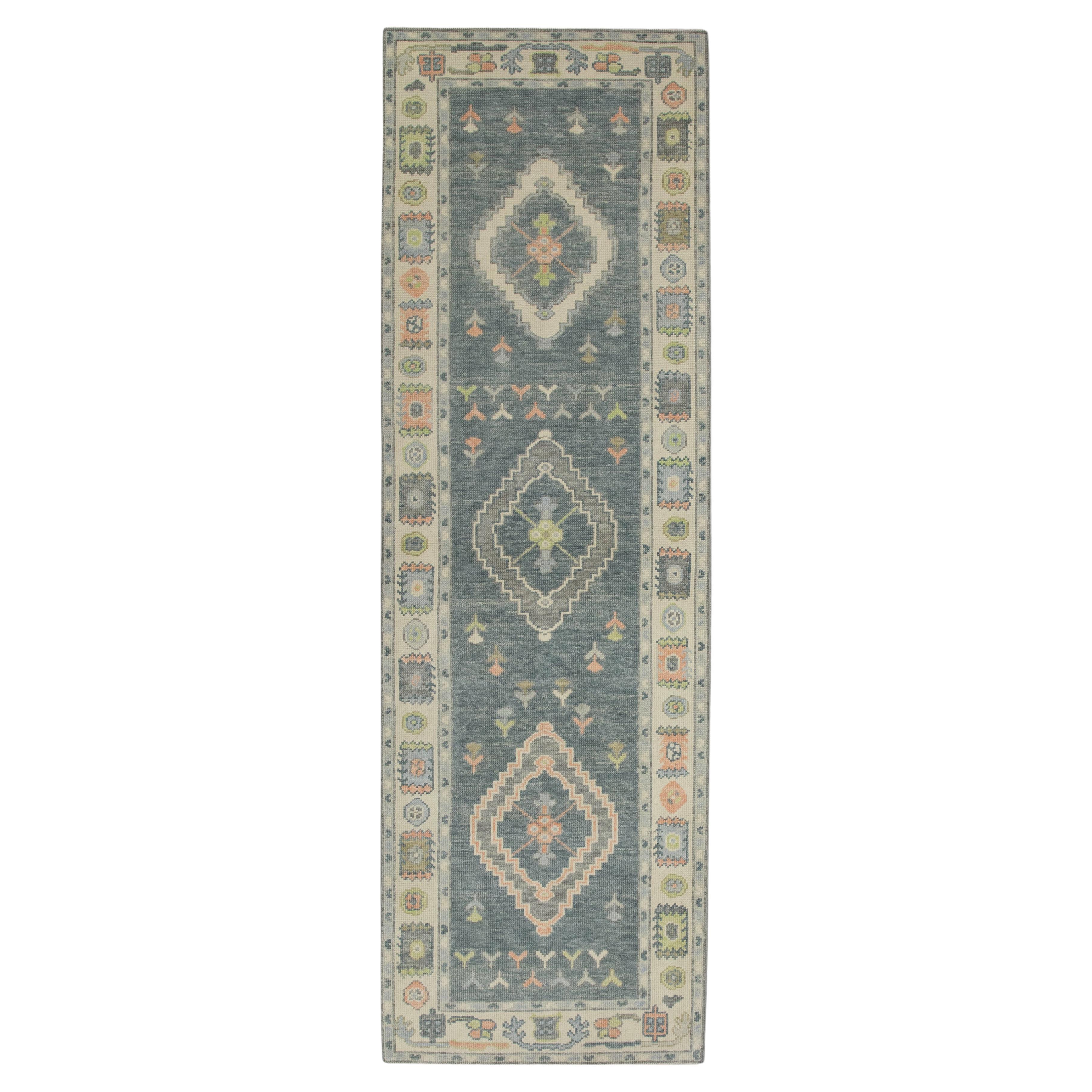 Grey Colorful Geometric Design Handwoven Wool Turkish Oushak Runner