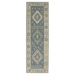 Grey Colorful Geometric Design Handwoven Wool Turkish Oushak Runner