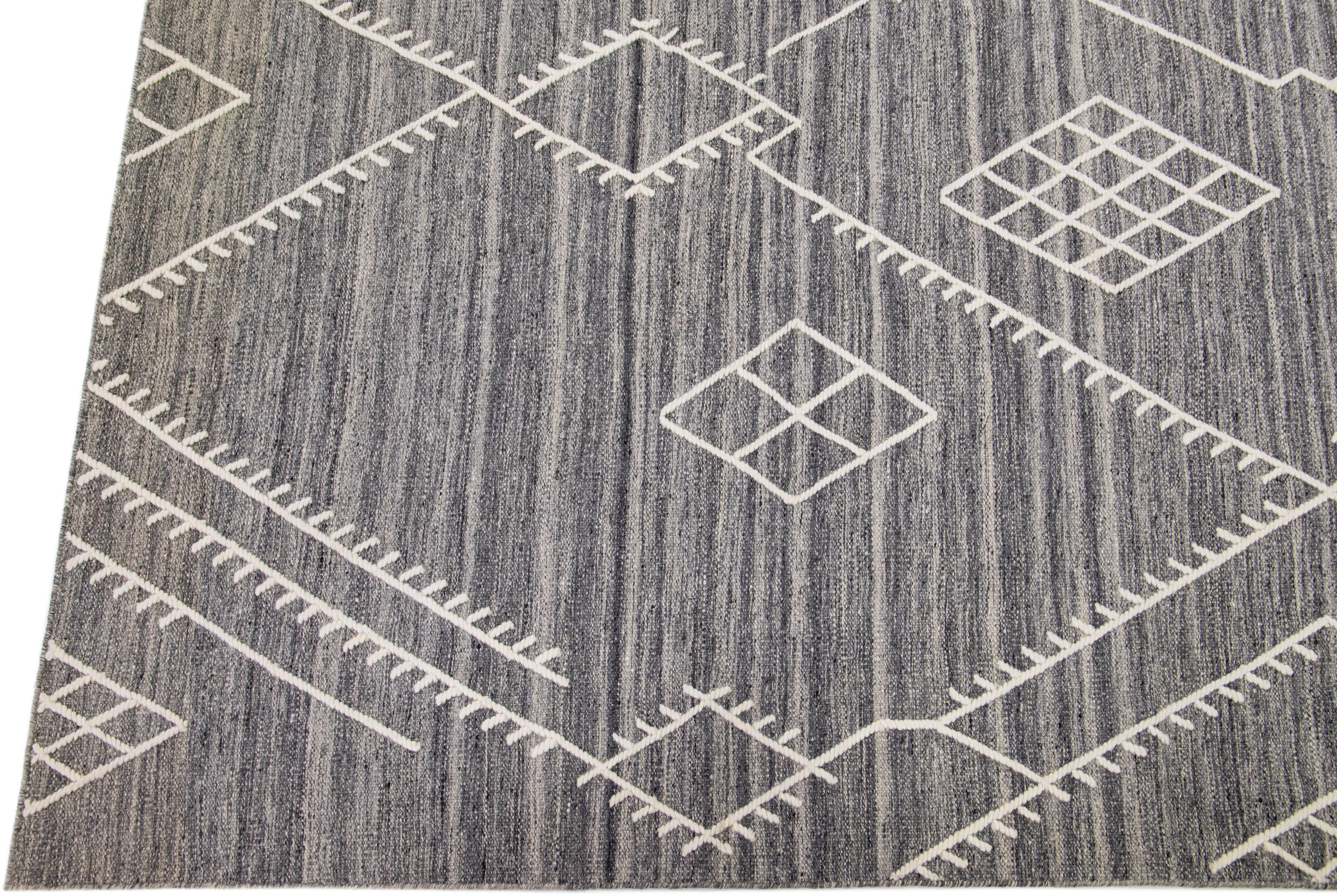 Indian Gray Contemporary Flatweave Kilim Wool Rug with Coastal Designed by Apadana For Sale