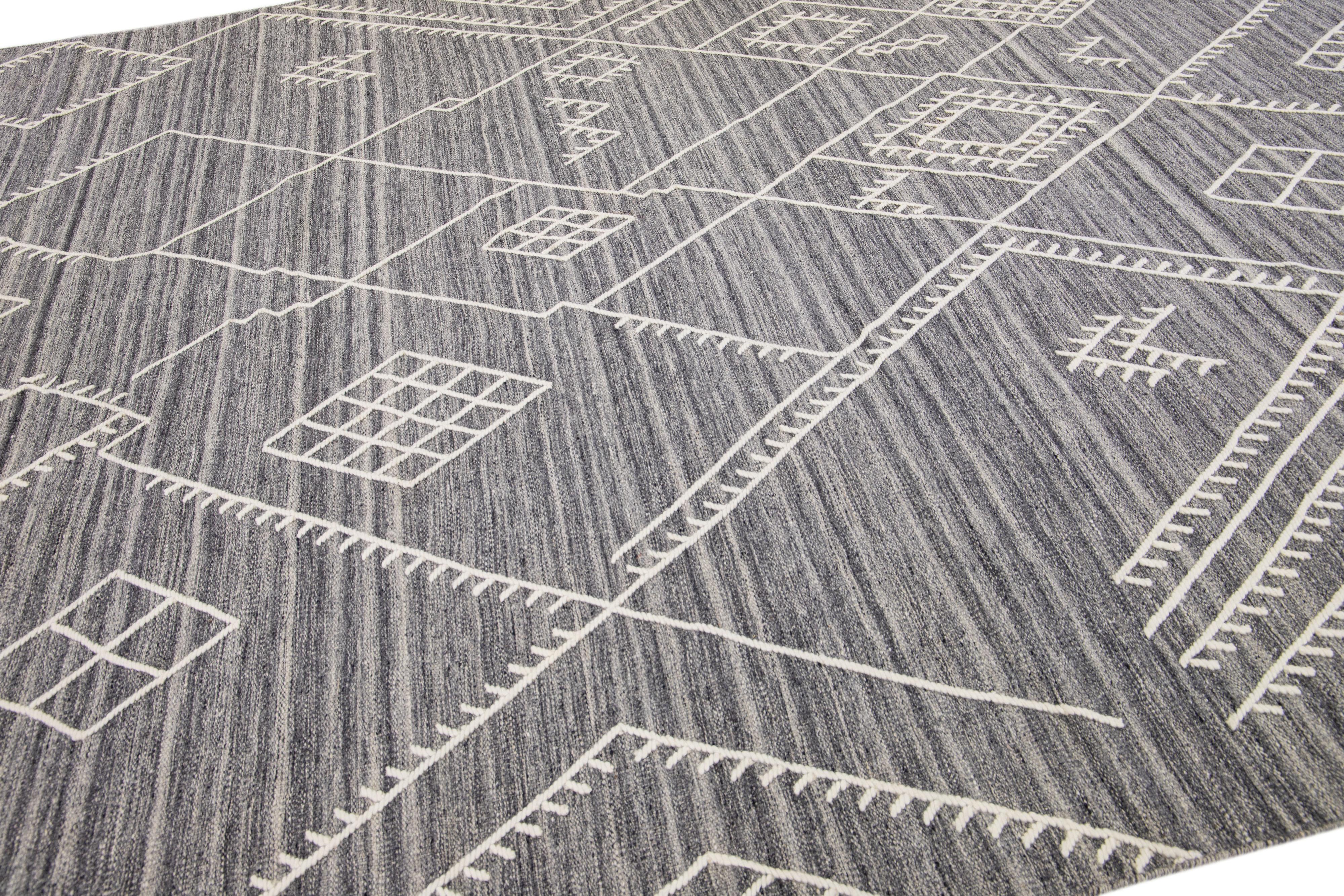 Hand-Knotted Gray Contemporary Flatweave Kilim Wool Rug with Coastal Designed by Apadana For Sale