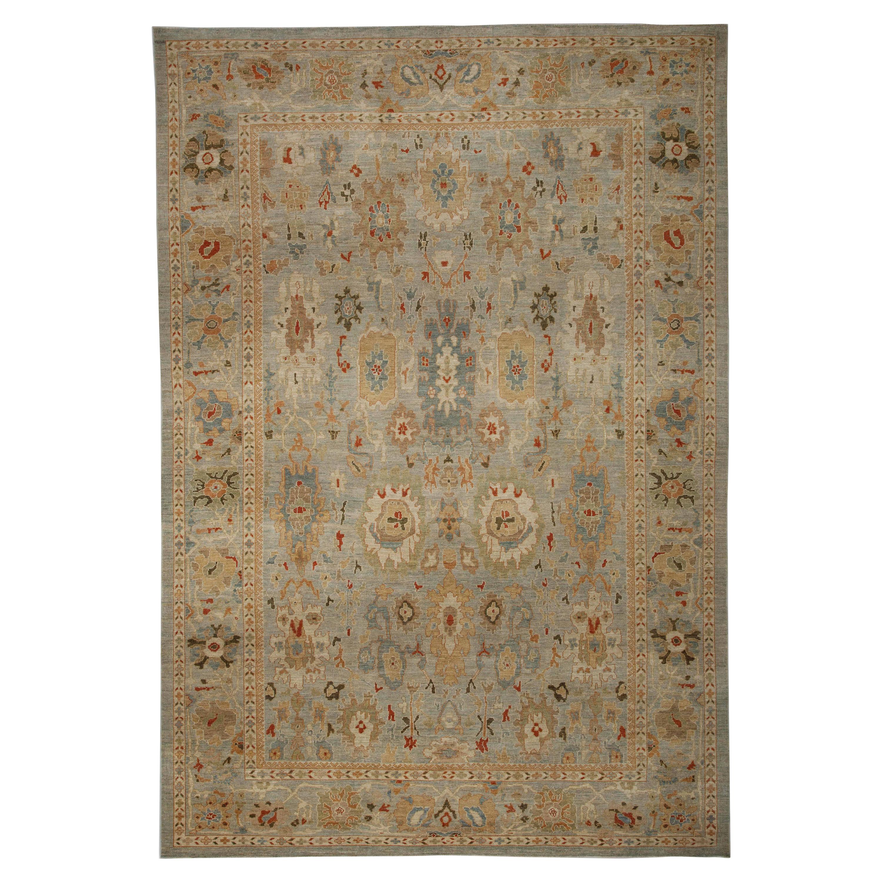 Gray Contemporary Turkish Sultanabad Rug with Colored Floral Allover Design