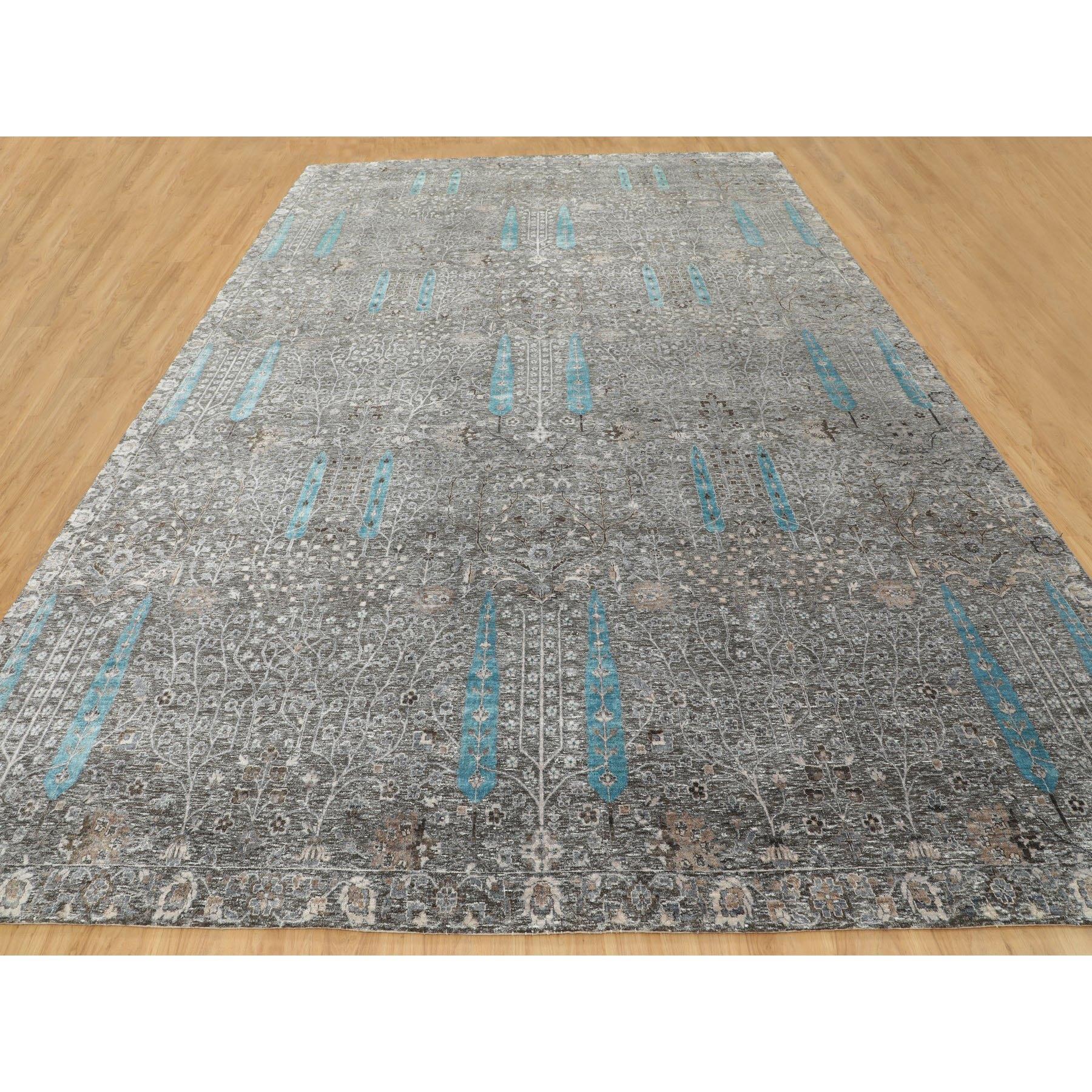 Médiéval Tapis gris à motif d'arbre de cyprès avec laine texturée nouée à la main 12' x  17'9