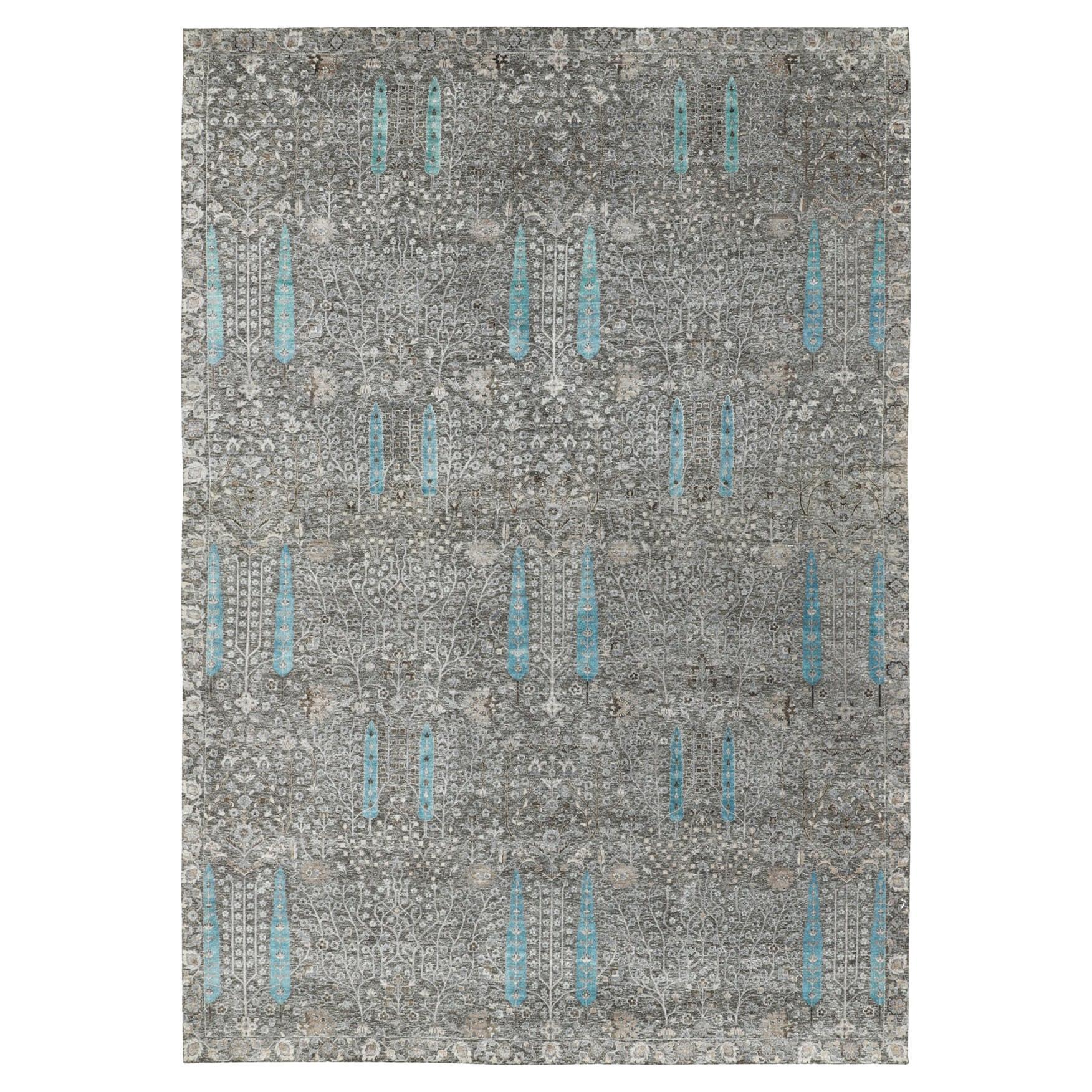 Tapis gris à motif d'arbre de cyprès avec laine texturée nouée à la main 12' x  17'9"