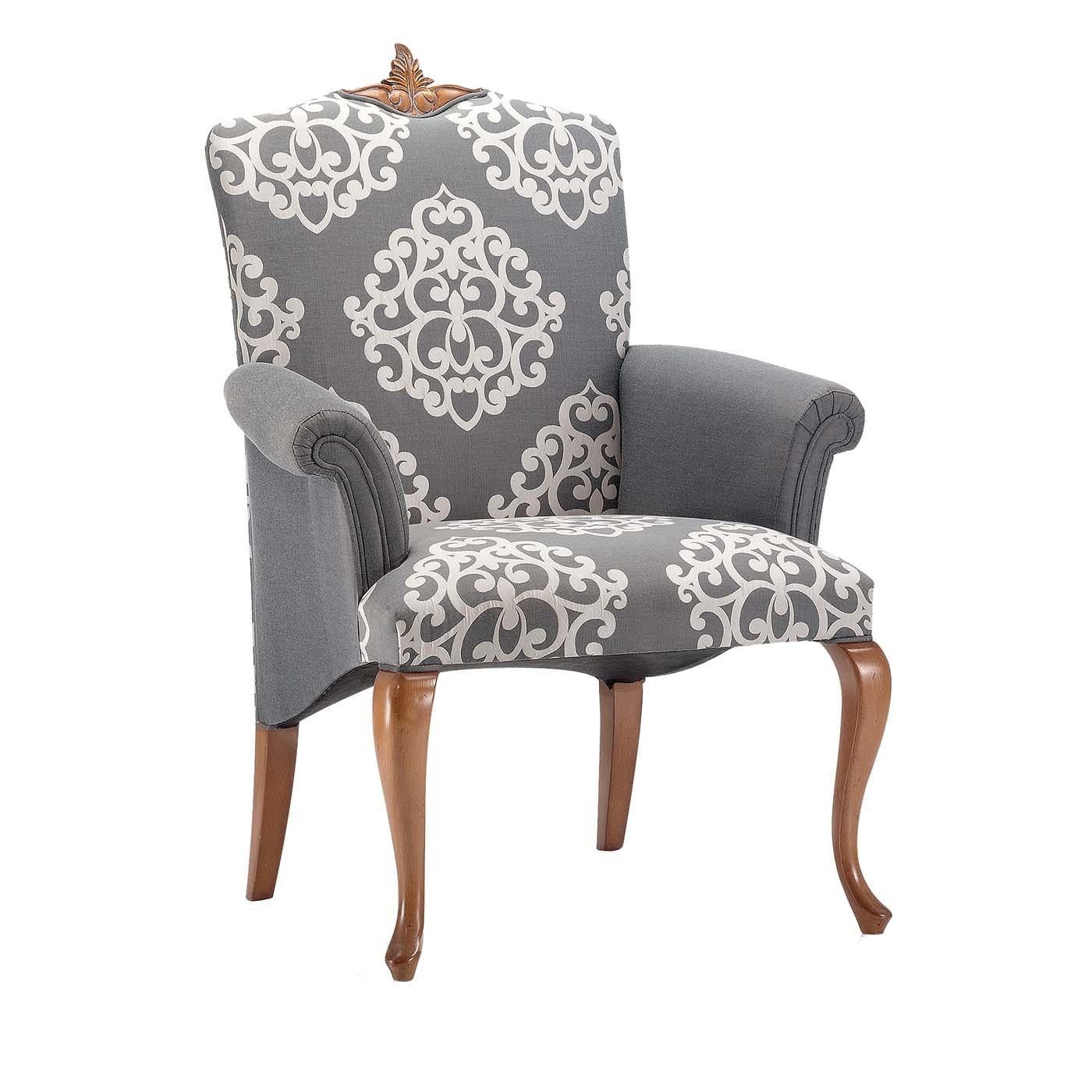 Bold and sophisticated, this chair with armrests is an eclectic addition to a stately interior, both Classic and modern, making a statement as an accent piece or around a dining table combined with contemporary gray Damask chair. The solid wood