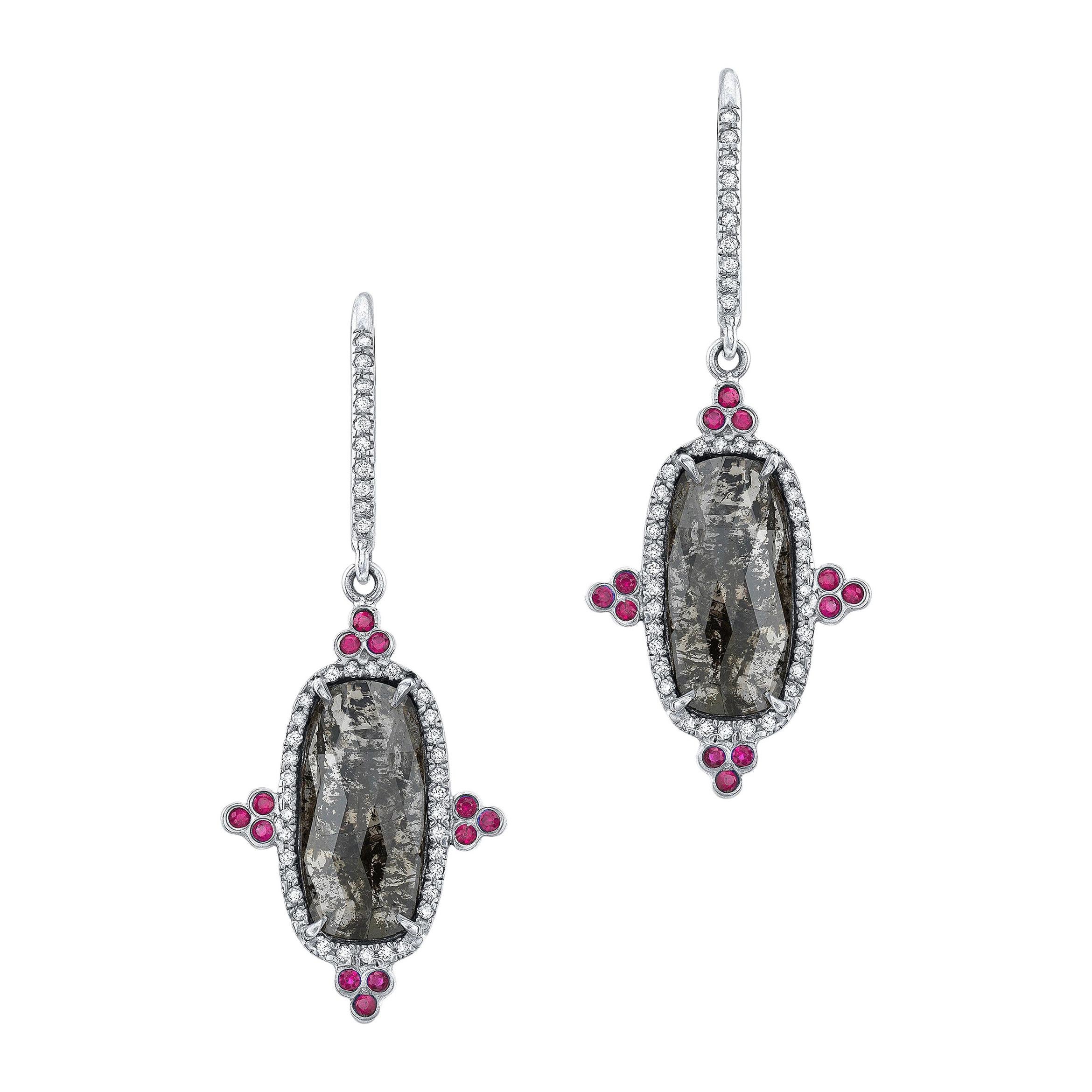 Gray Diamond Slice and Ruby Earrings with Diamond Pave in 18k Matte White Gold