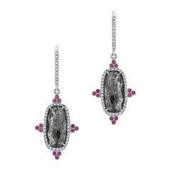 Gray Diamond Slice and Ruby Earrings with Diamond Pave in 18k Matte White Gold Gray Diamond Slice and Ruby Earrings with Diamond Pave in 18k Matte White Gold