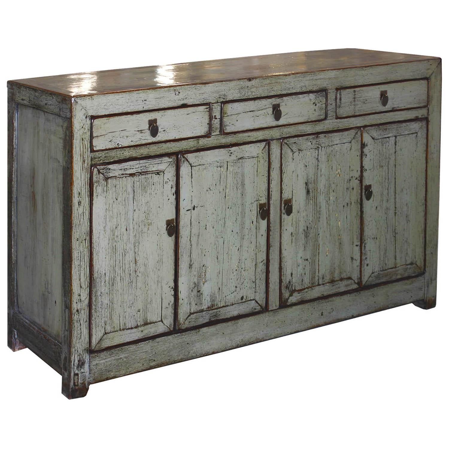 Elegant gray lacquer Dongbei buffet with 4-drawer, clean lines, exposed wood edges looks great in the living beneath a flat screen TV top or in the dining room as a server. New interior shelf and hardware.