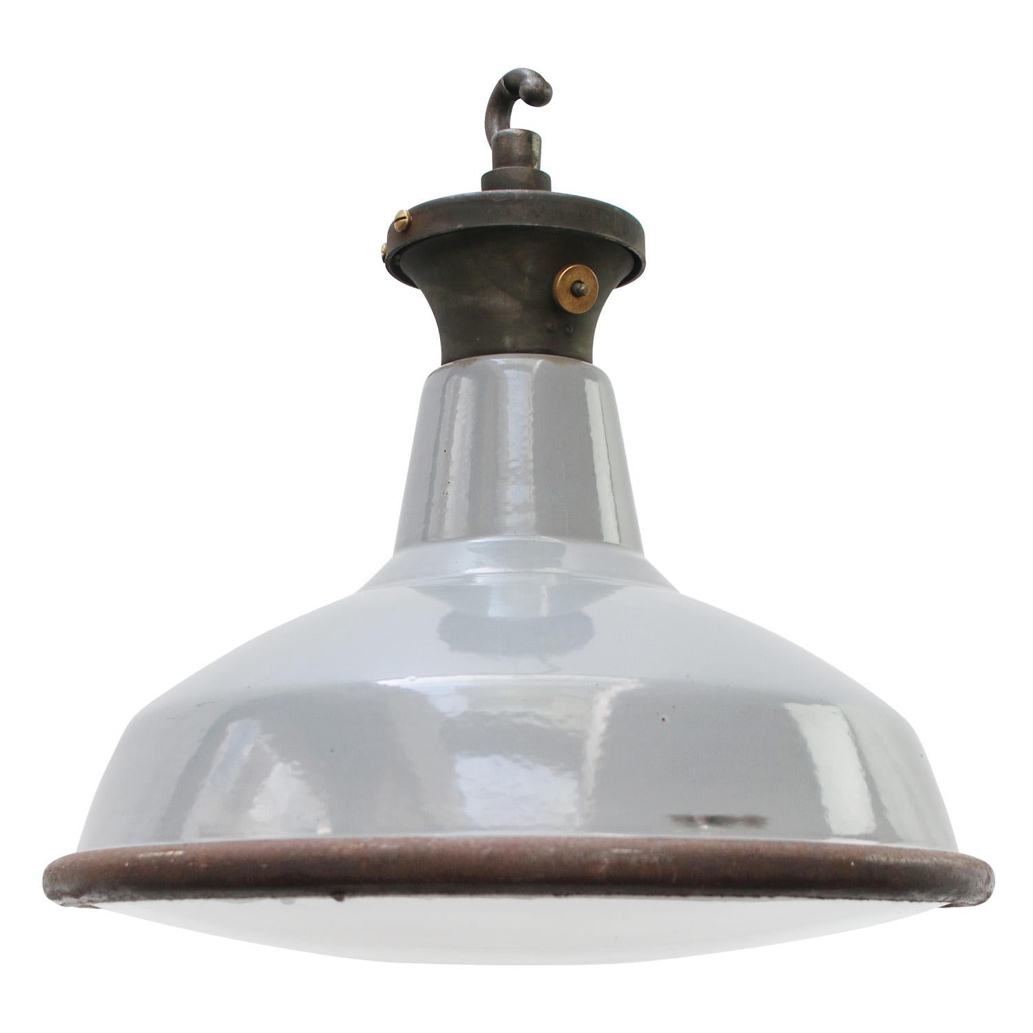 Gray Enamel British Vintage Industrial Clear Rounded Glass Pendant Lights