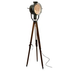 Gray Enamel Tripod Wooden Legs Vintage Industrial Spot Light