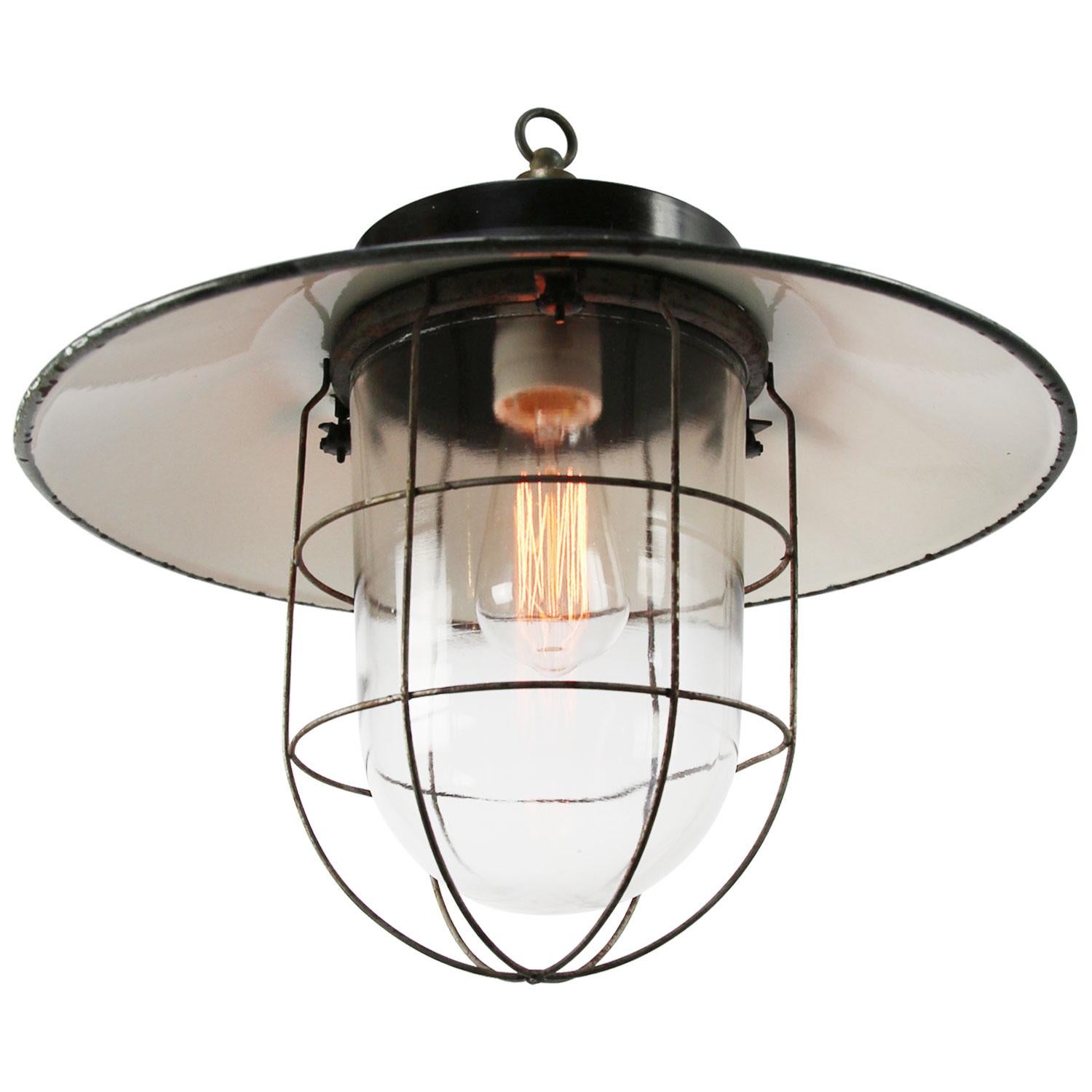 Czech Gray Enamel Vintage Industrial Bakelite Brass Top Clear Glass Pendant Lights For Sale