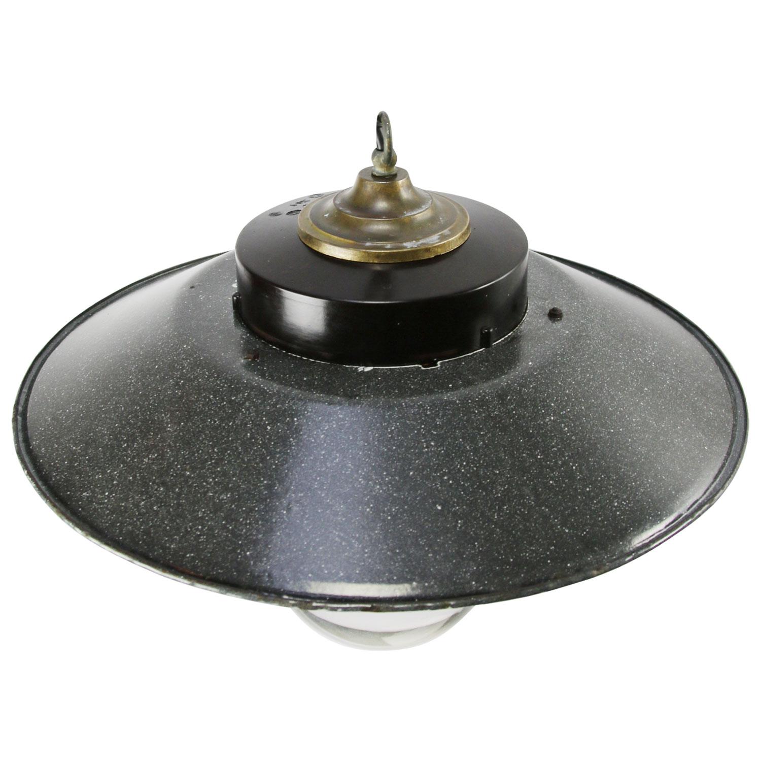 Czech Gray Enamel Vintage Industrial Bakelite Brass Top Clear Glass Pendant Lights For Sale