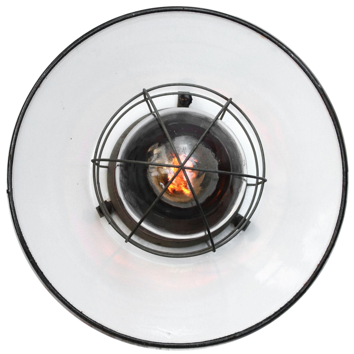 20th Century Gray Enamel Vintage Industrial Bakelite Brass Top Clear Glass Pendant Lights For Sale