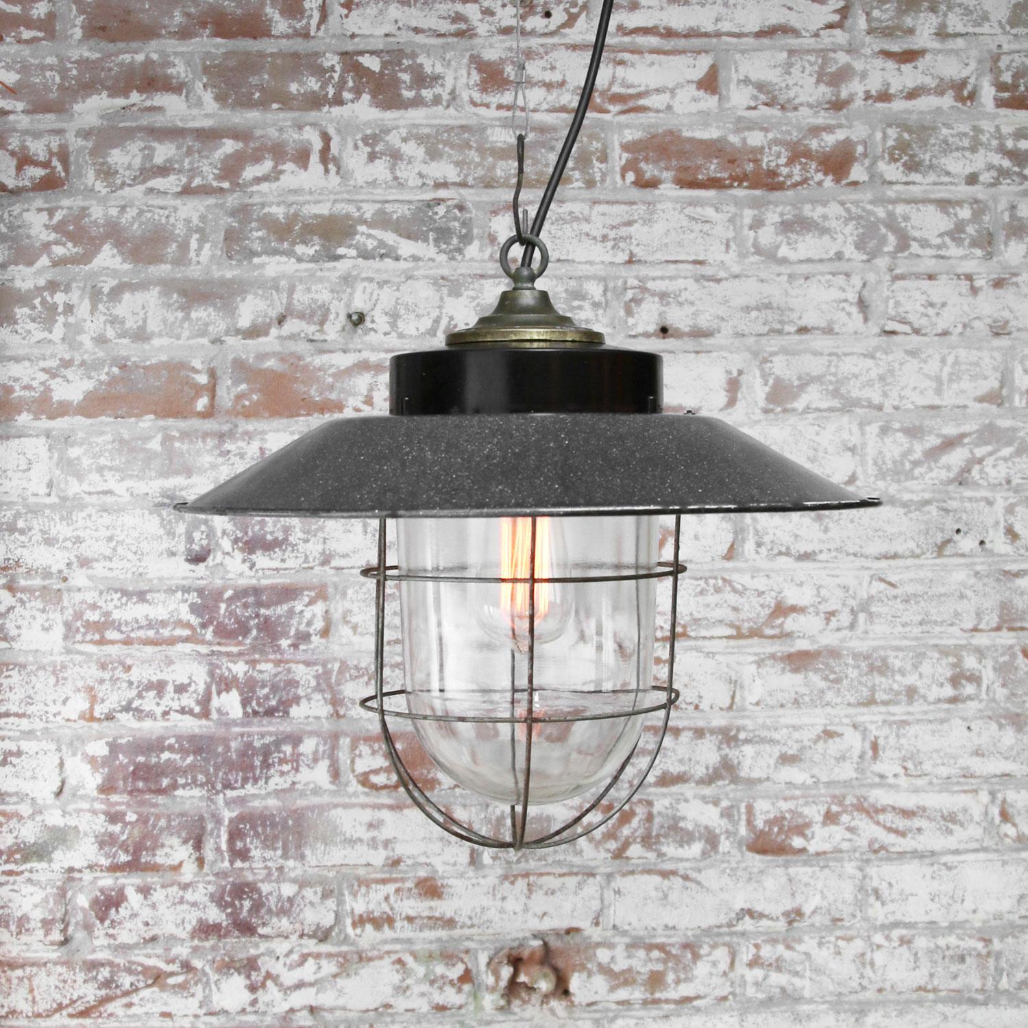 Gray Enamel Vintage Industrial Bakelite Brass Top Clear Glass Pendant Lights For Sale 1
