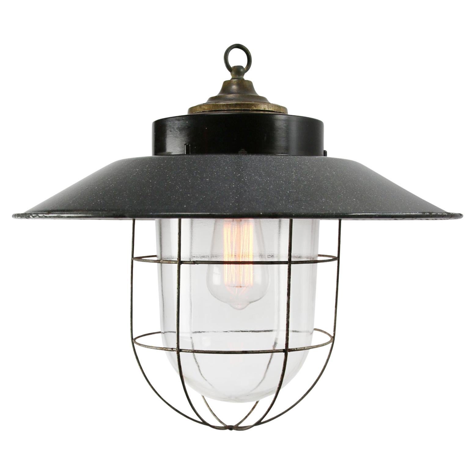 Gray Enamel Vintage Industrial Bakelite Brass Top Clear Glass Pendant Lights