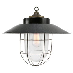 Gray Enamel Vintage Industrial Bakelite Brass Top Clear Glass Pendant Lights